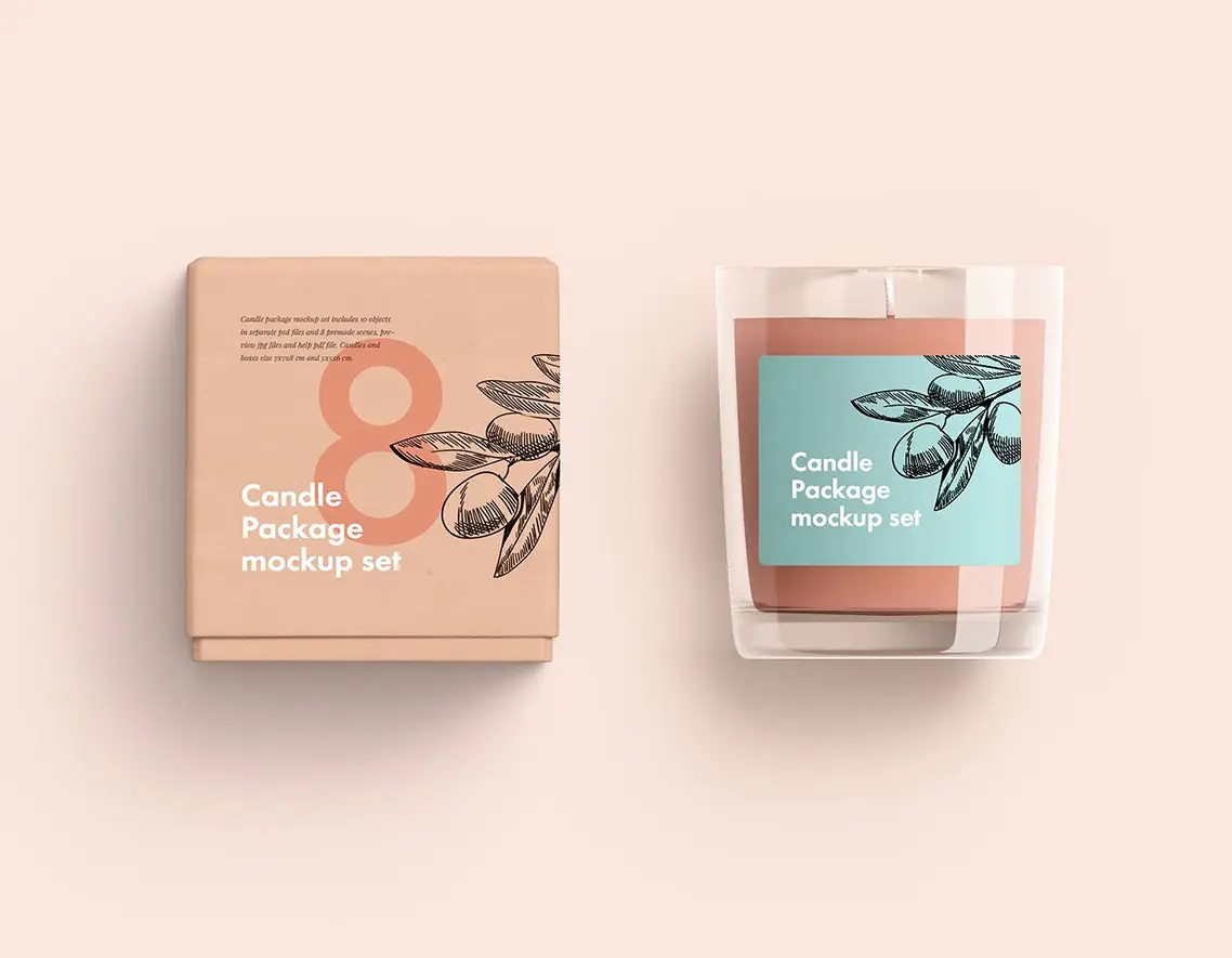 candle glass and box packaging mockup