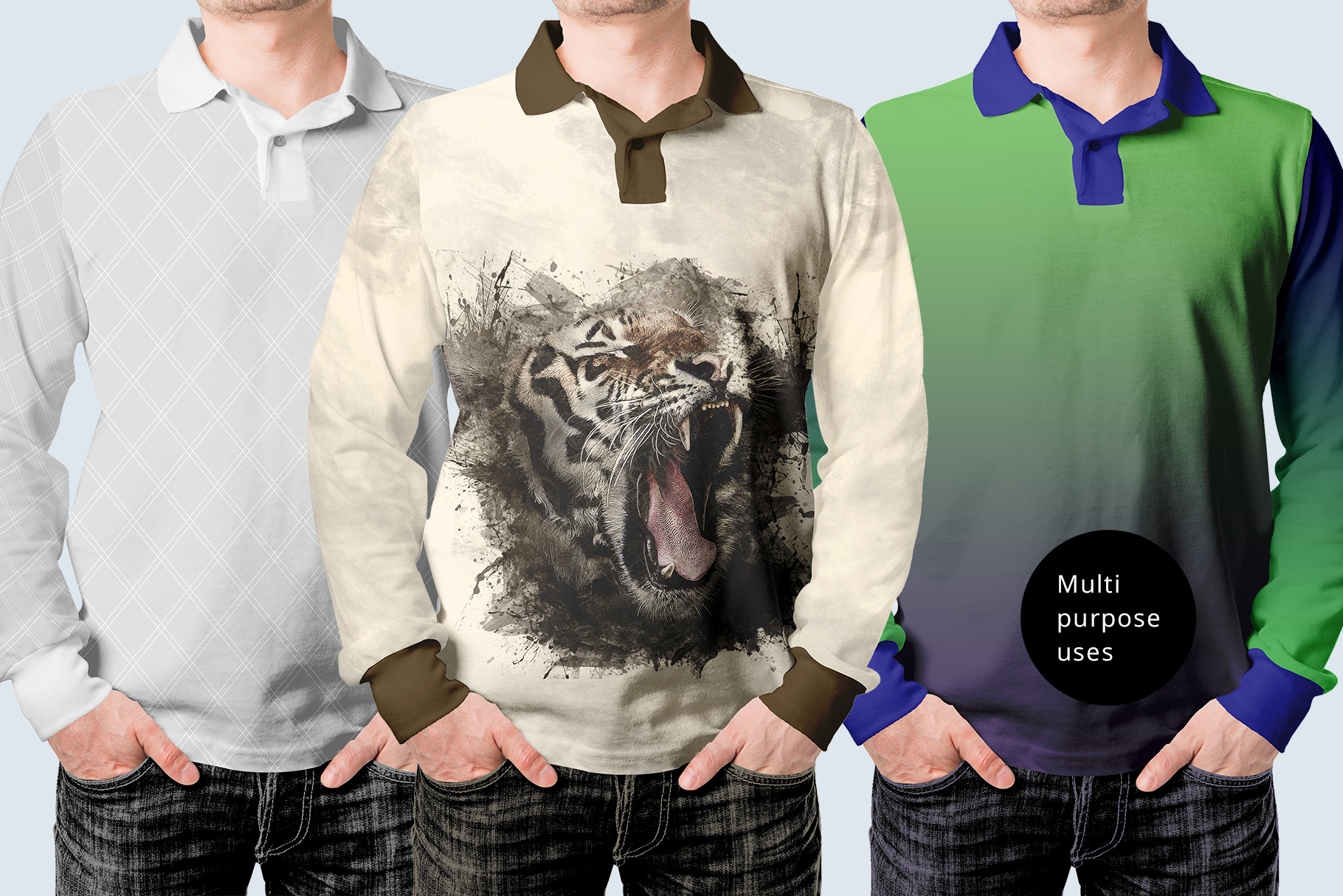 long sleeve men polo shirt mock up psd with color customization