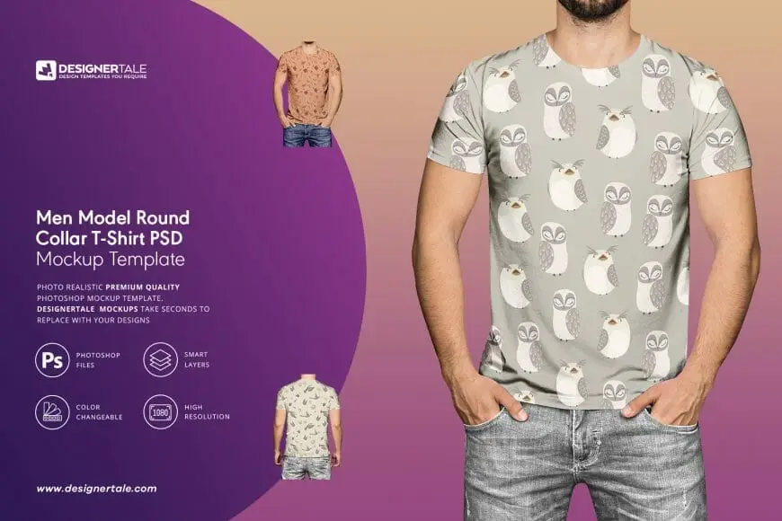 men model round collar t-shirt mockup with men model and changeable texture