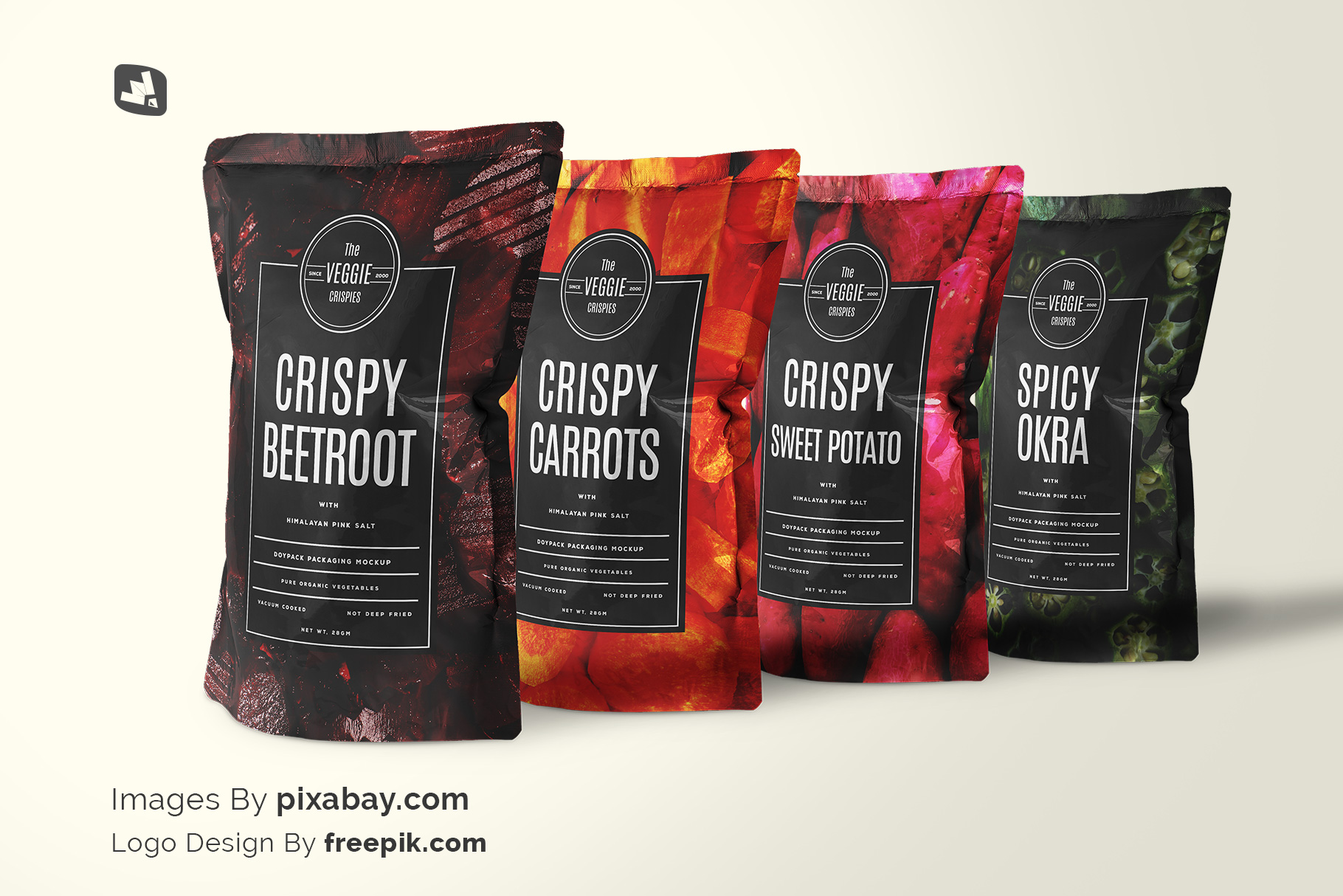 designer's credit of the doypack snacks packaging mockup
