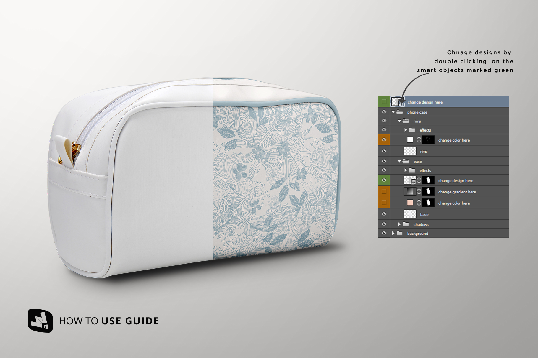 how to change design of the front view travel makeup bag mockup