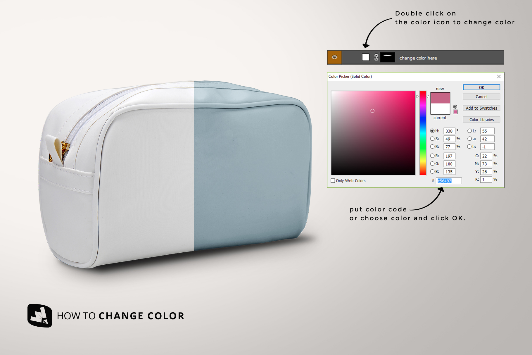how to change color of the front view travel makeup bag mockup