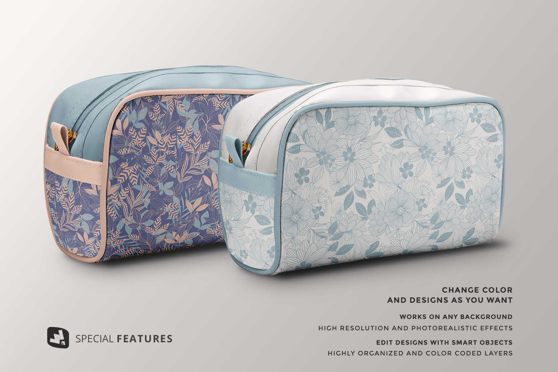 designer's credit of the front view travel makeup bag mockup