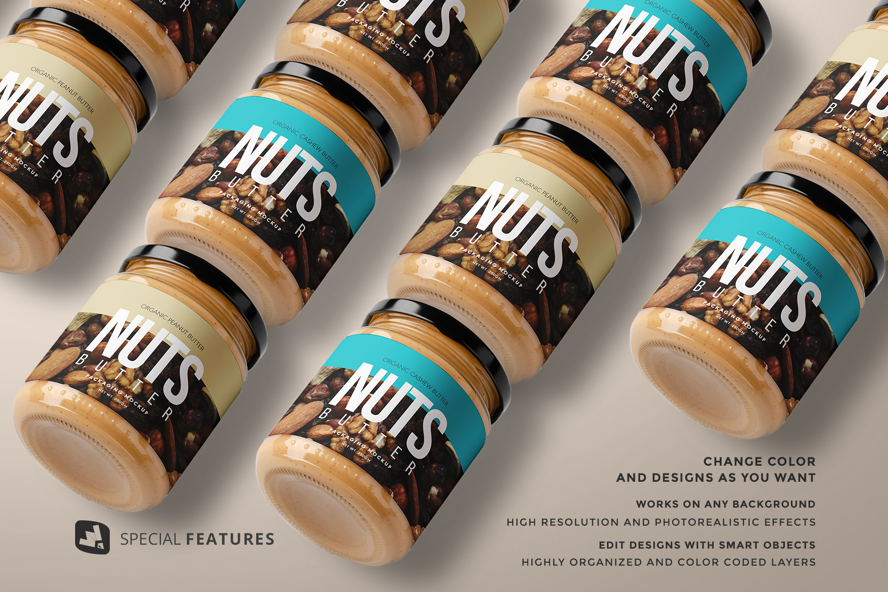 features of the organic nut butter packaging mockup