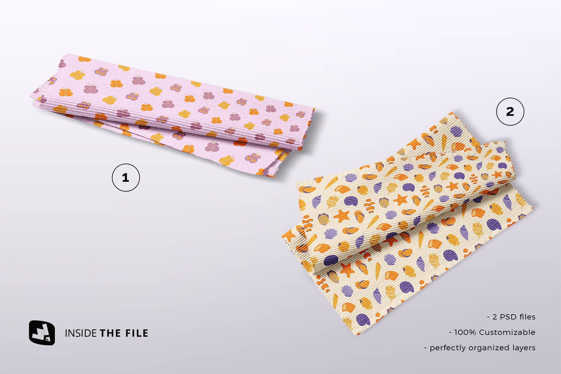 files included in the top view cloth table mat set mockup