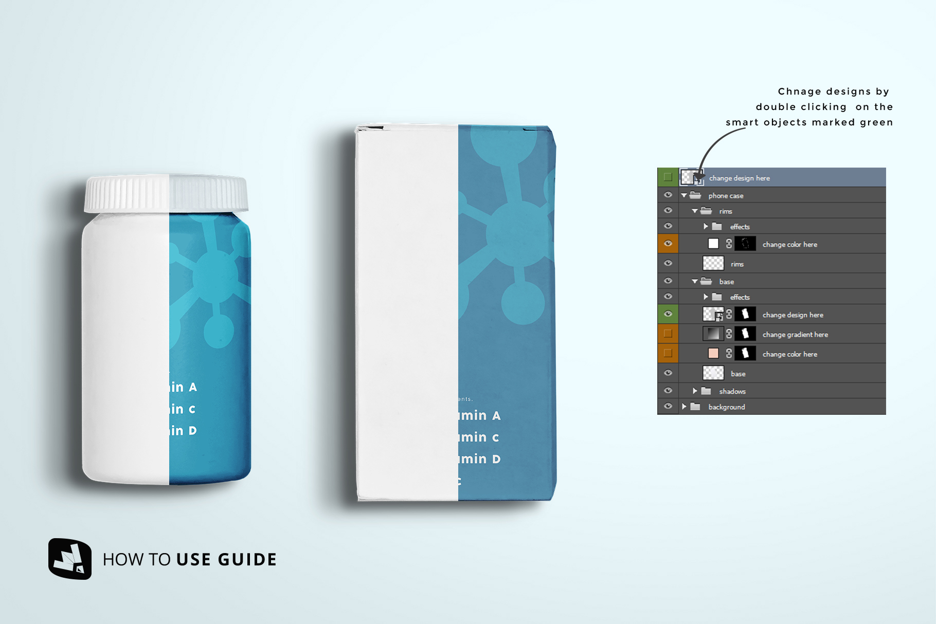 how to change label design of the top view pill bottle packaging mockup