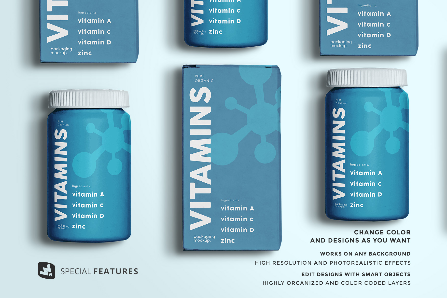 features of the top view pill bottle packaging mockup