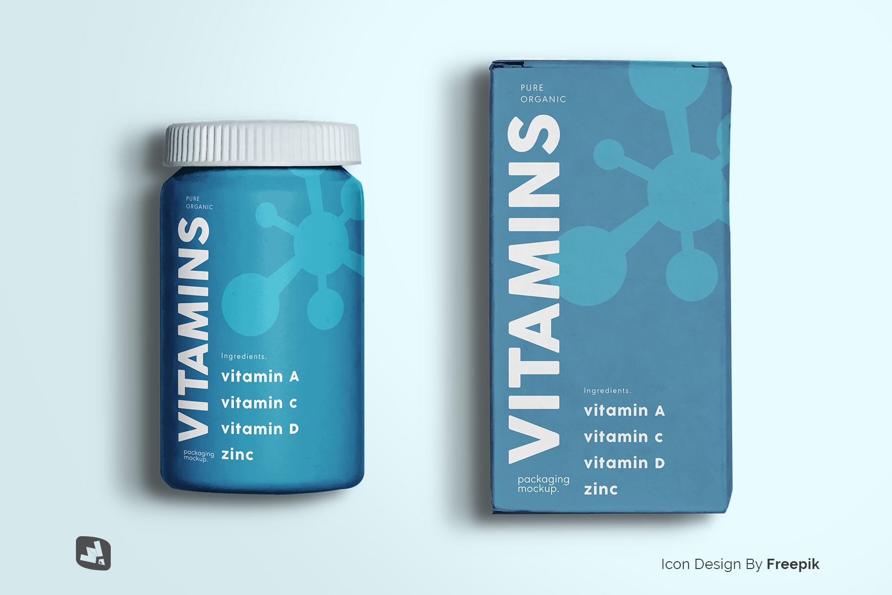 designer's credit of the top view pill bottle packaging mockup