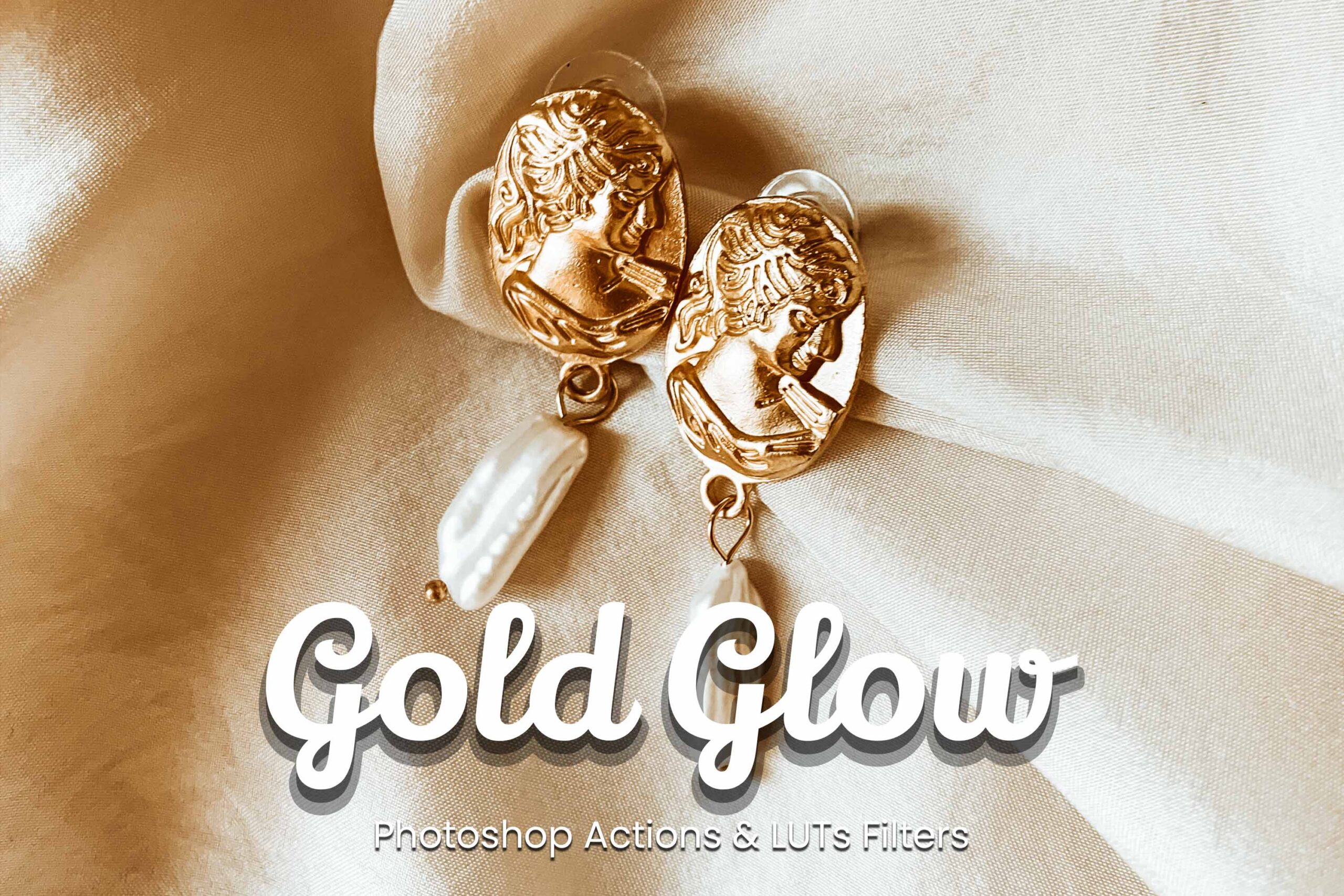 Gold Glow Photoshop Presets: Enhance jewelry photos with 30 actions, 30 ACR presets, and 30 video LUTs for a chic, shiny, and glamorous look.