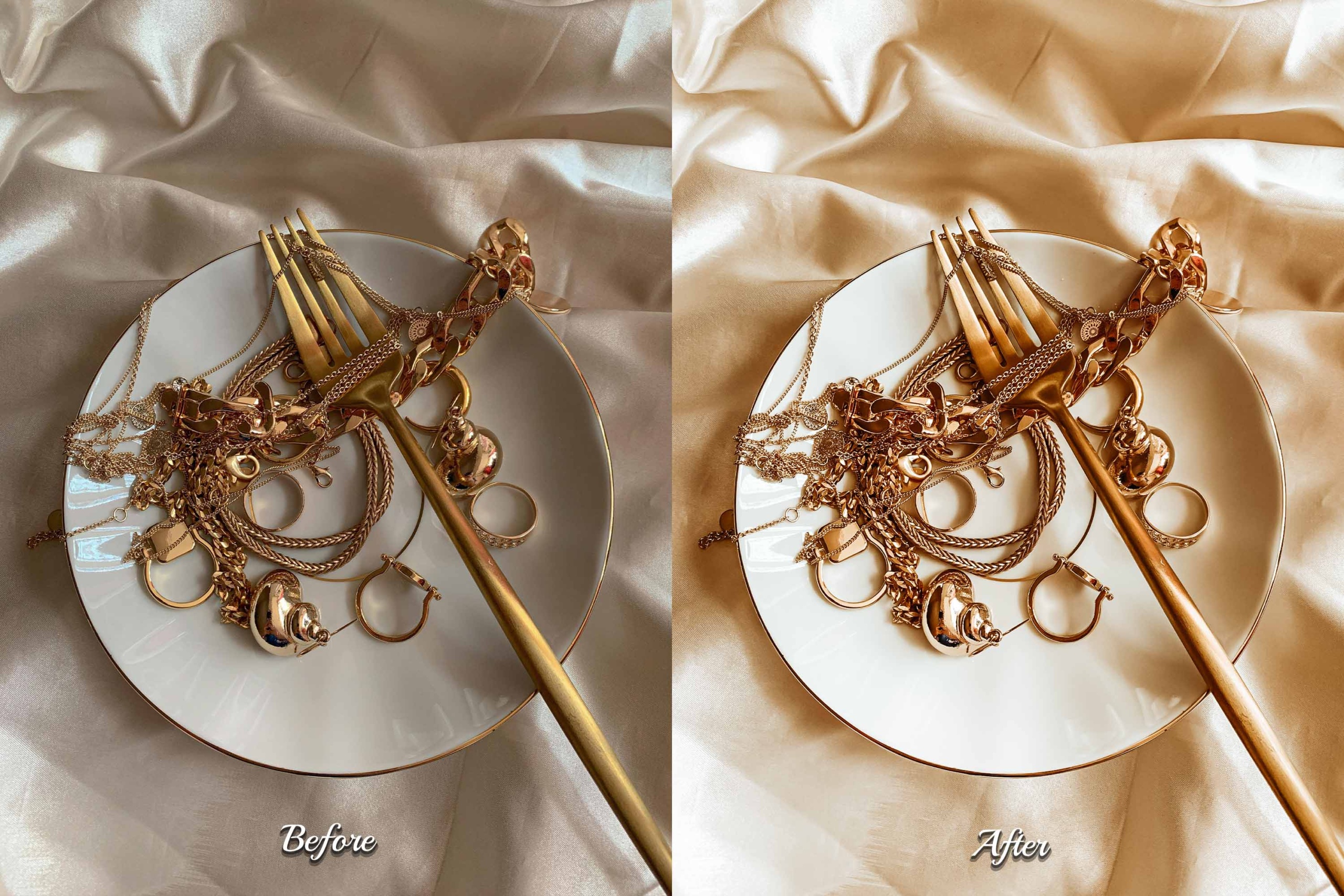 Gold Glow Presets: 30 Photoshop actions and video LUTs to add sparkle and shine to your jewelry and lifestyle photos.
