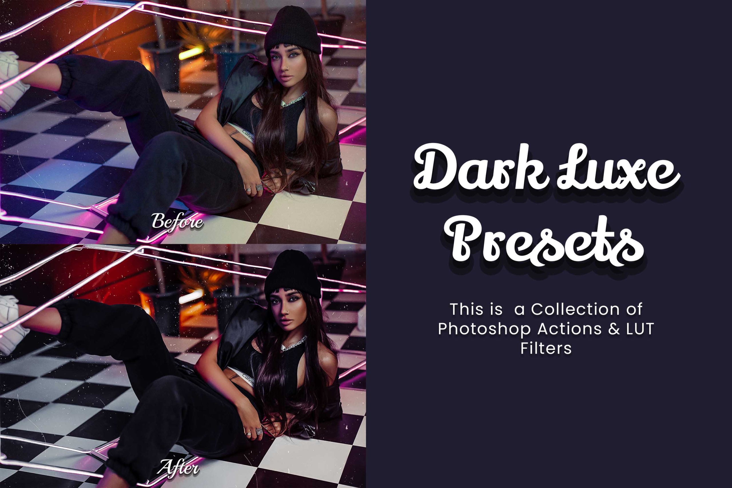 Dark Luxe Photoshop Actions: Ideal for moody, luxury, and fashion photography.