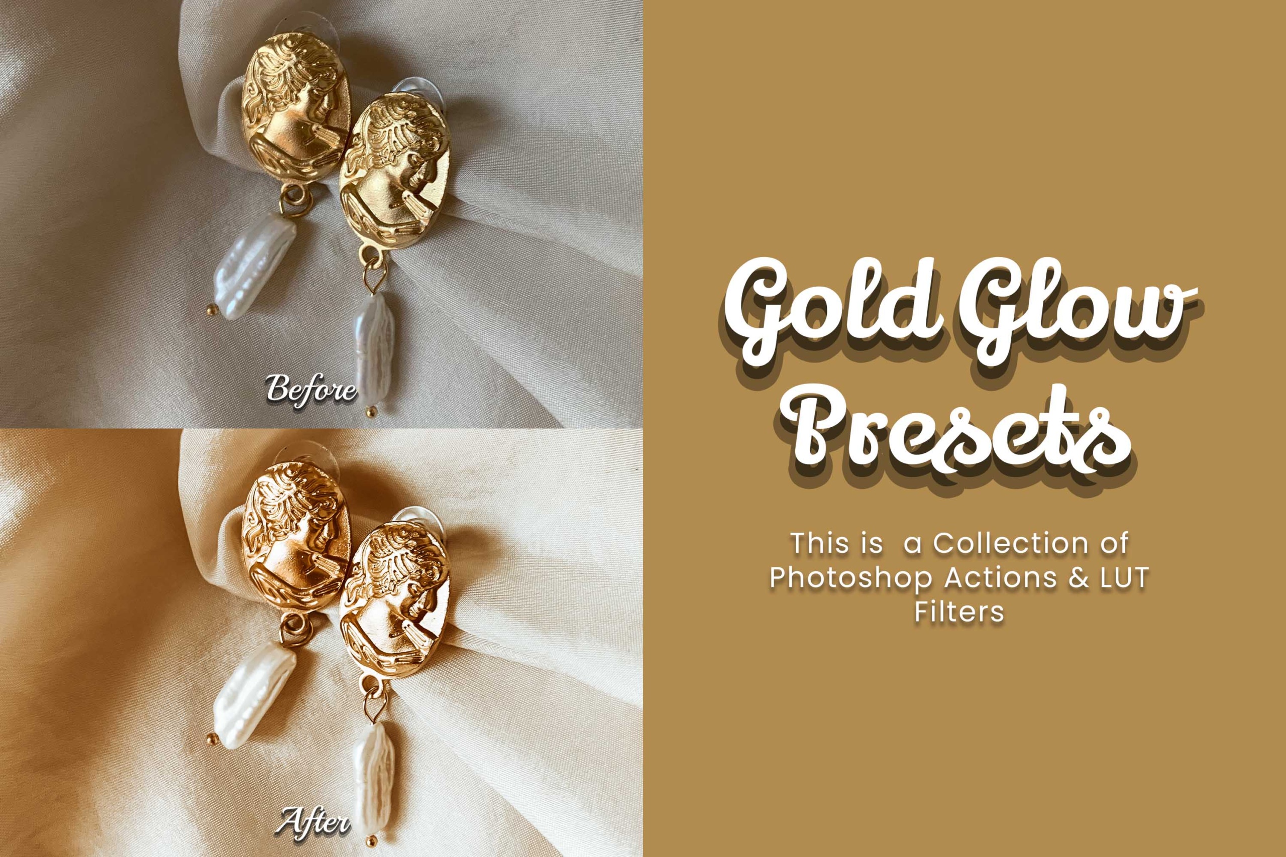 Gold Glow Photoshop Presets: 30 actions and video LUTs to enhance portraits, rings, and luxury lifestyle shots.