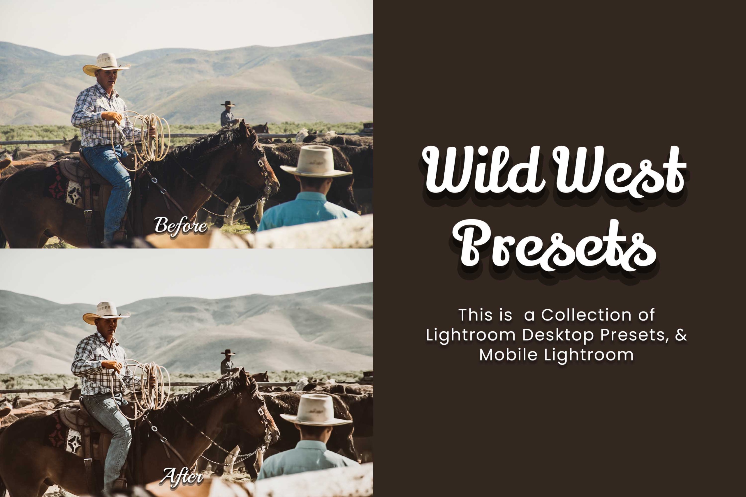 Bring a touch of the Wild West to your photography with this essential Lightroom Presets bundle, containing 30 desktop and 30 mobile presets for various rustic, dramatic, and sun-kissed effects.