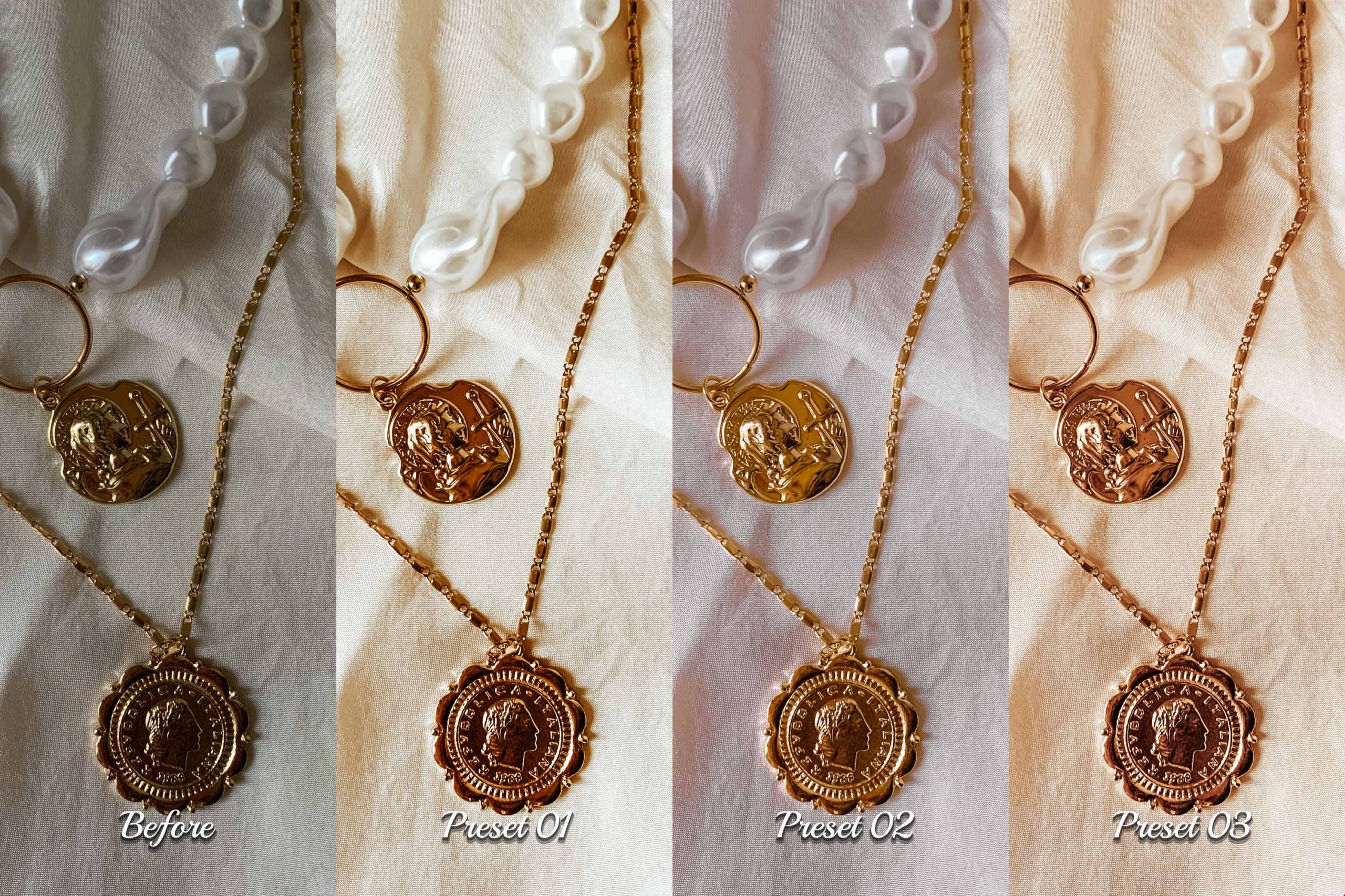 Add a gilded glow to your jewelry photos with Gold Glow Photoshop Presets, suitable for beginners and professionals.