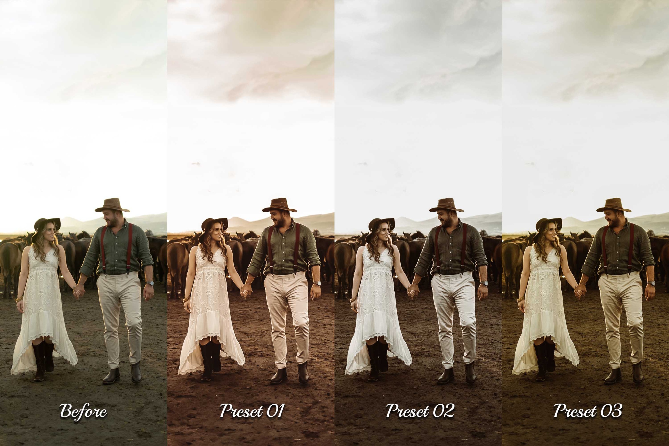 Elevate your cowboy, outdoor, and vintage-themed photos with this comprehensive Lightroom Presets collection, including 30 desktop and 30 mobile options for a range of classic and moody looks.