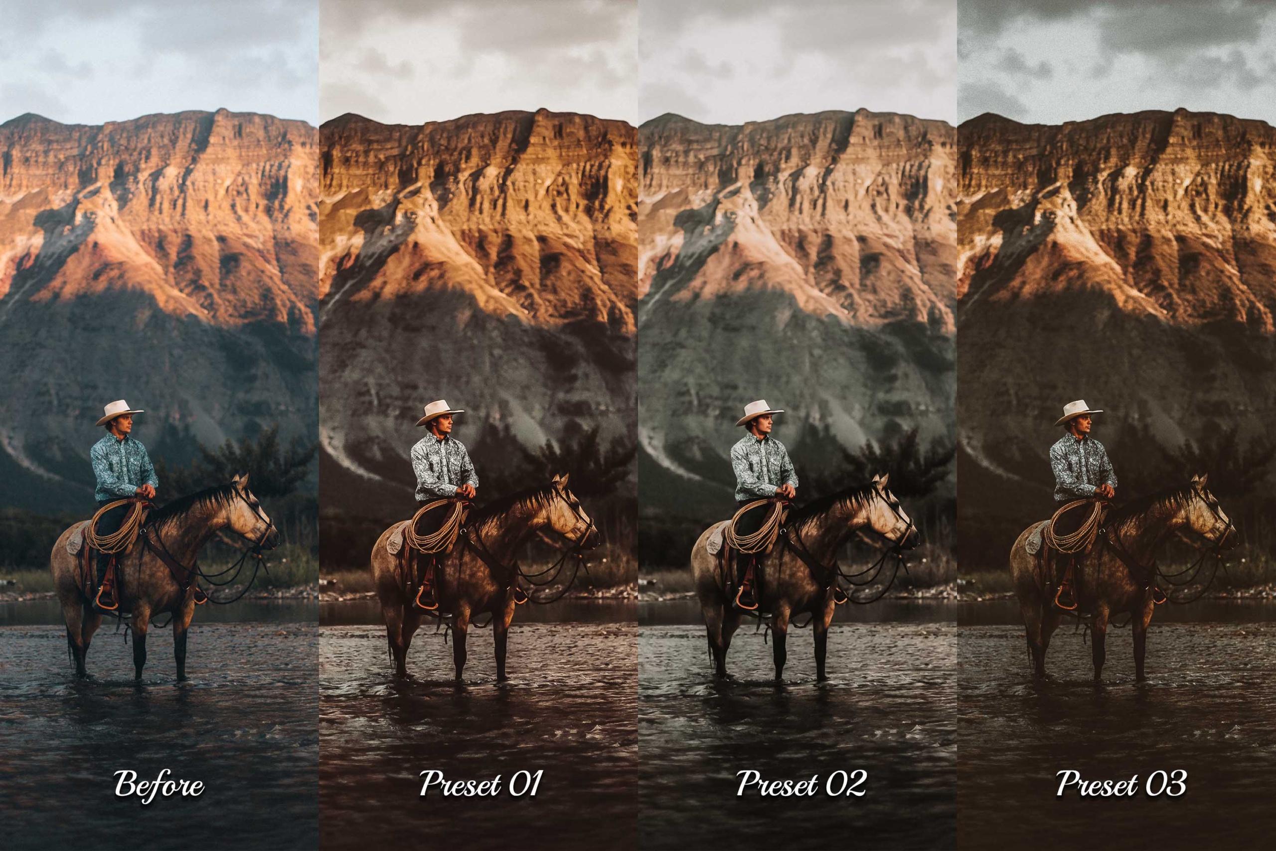 Gritty, high-contrast Photoshop actions that infuse your images with the bold, adventurous spirit of the Wild West.