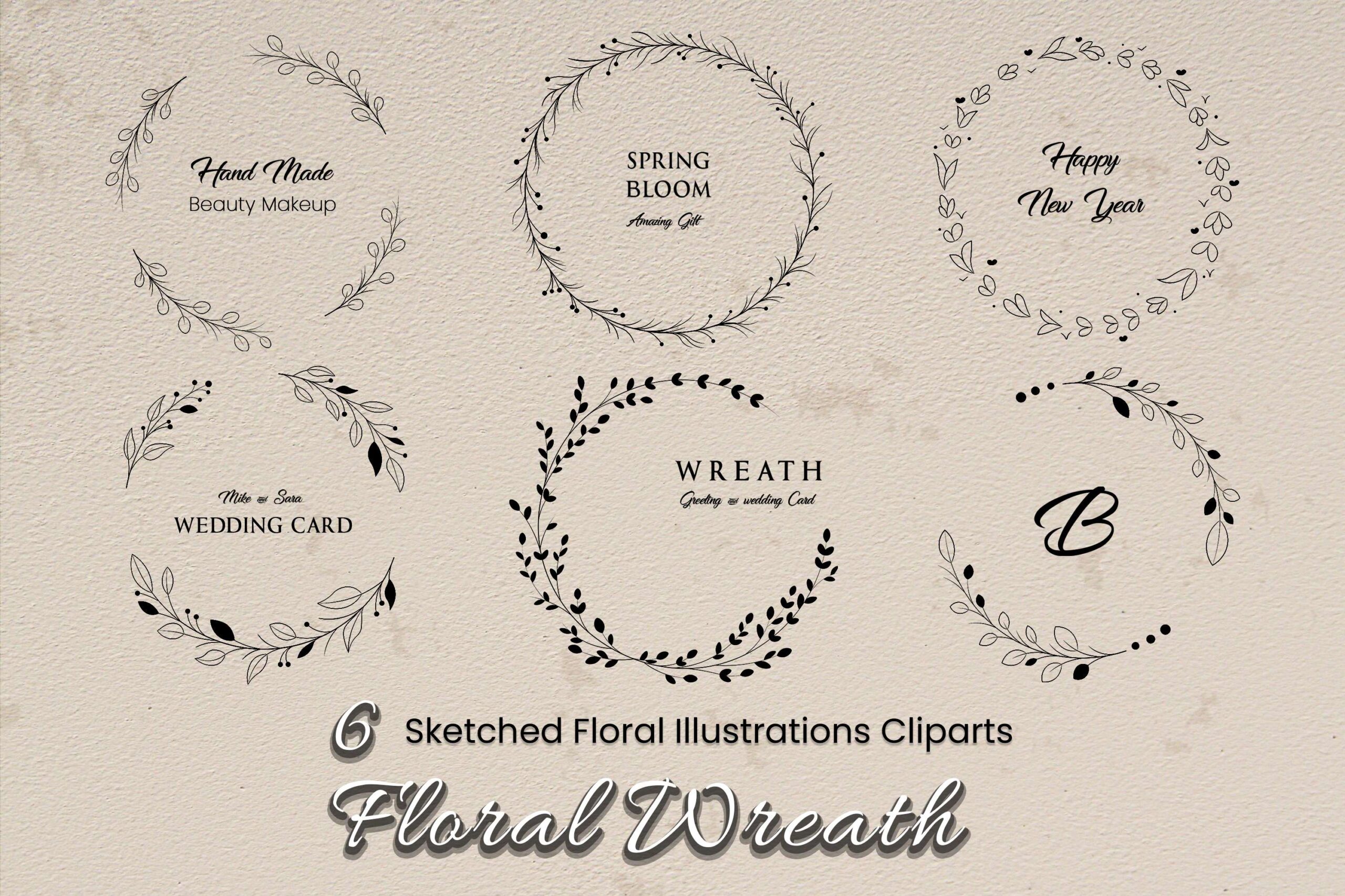 Hand-Drawn Botanical Wreath: A delicate wreath composed of intricately hand-drawn leaves and flowers. Perfect for adding a natural touch to invitations, stationery, and branding materials.