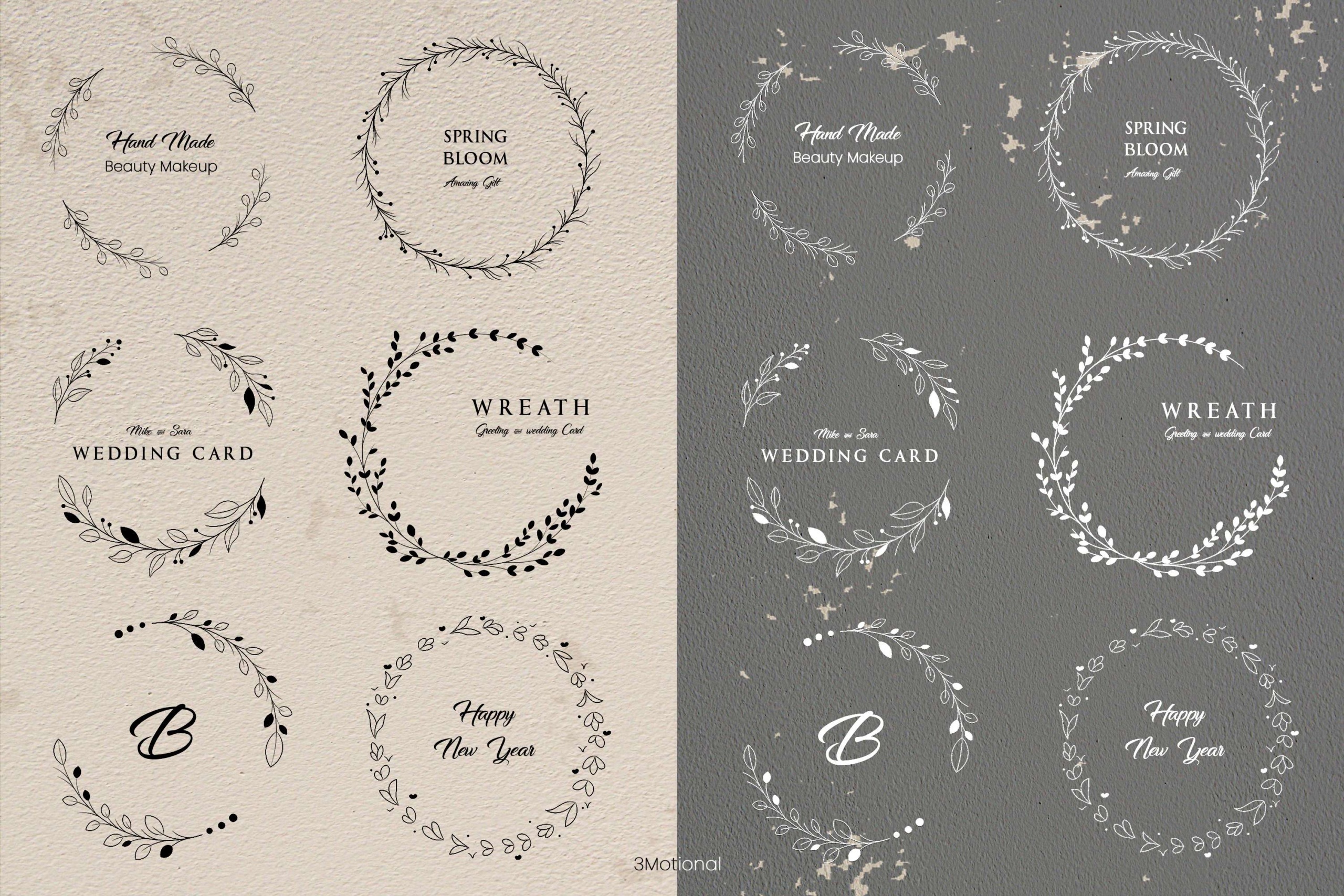 Monogram Floral Circle Frame: An elegant circle frame adorned with monogram-style botanical elements. Use it to highlight initials, create personalized logos, or frame special messages.