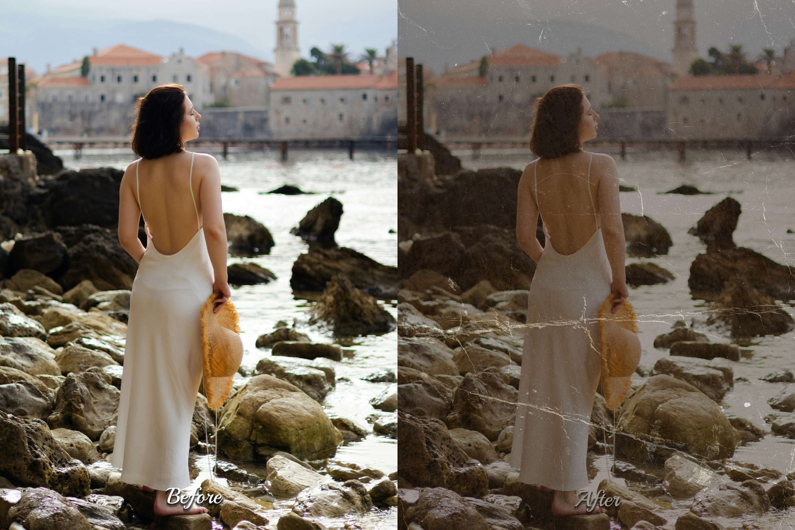 Apply this gritty texture overlay to achieve a retro vibe in your studio photography. It adds character and depth, reminiscent of old-school film photography.