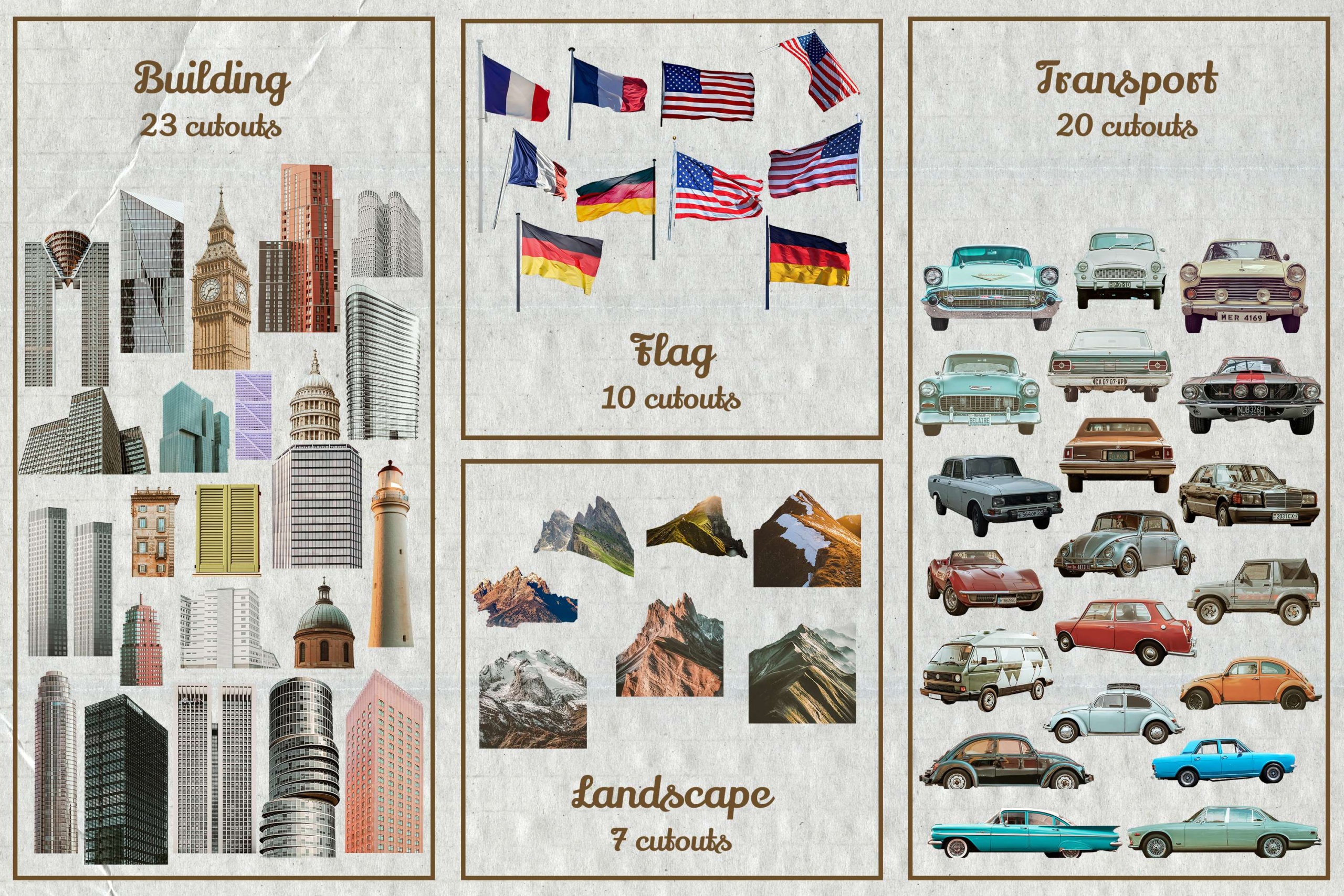 Landscape Element: A scenic landscape or nature scene, reminiscent of old postcards or travel brochures.