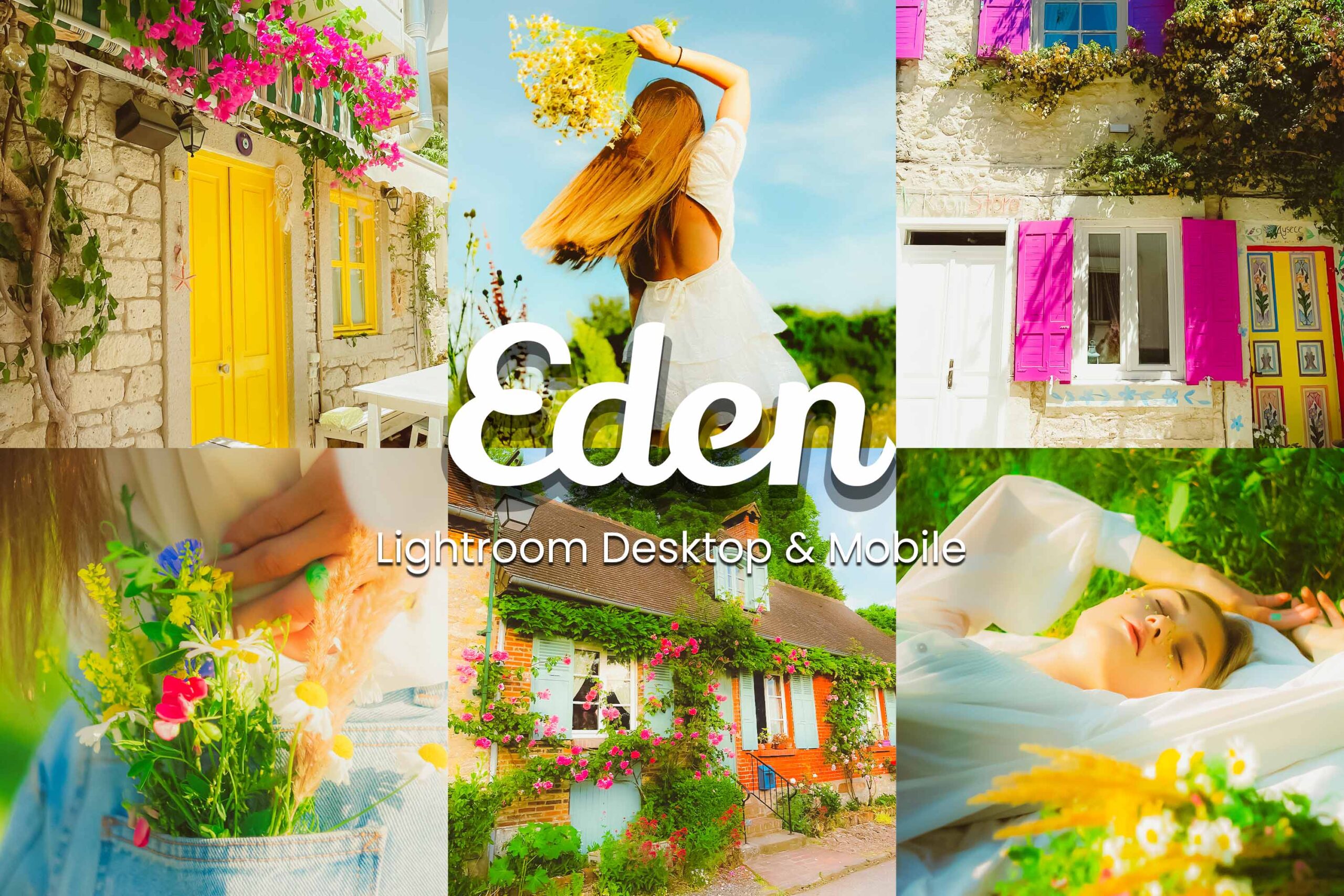 Close-up of a hand holding a bouquet of wildflowers, edited with a bright and airy preset. Eden Presets: for vibrant, natural photography.