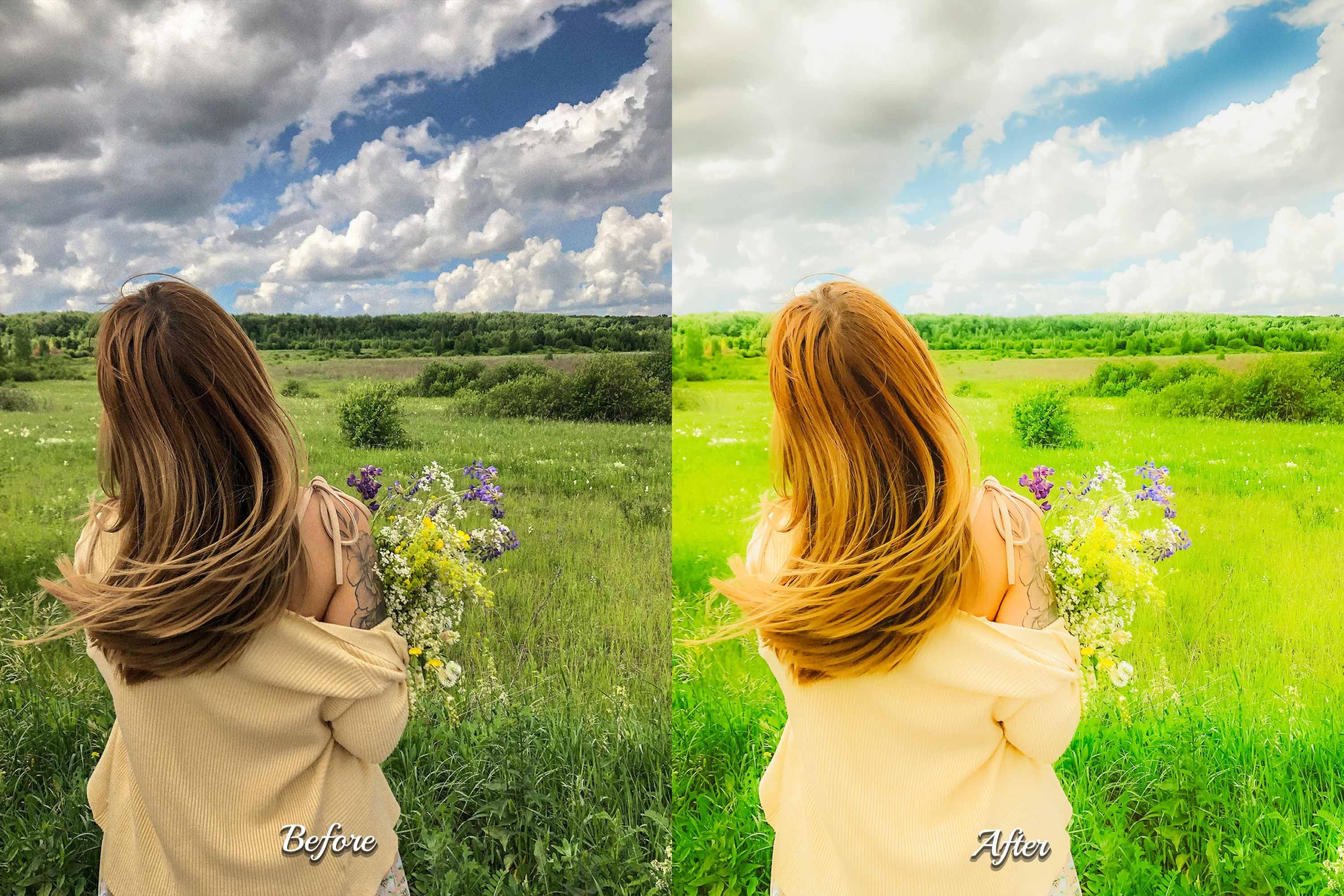 Before & after: a nature scene transformed with vibrant colors and light. Eden Presets: professional Photoshop actions for stunning edits.