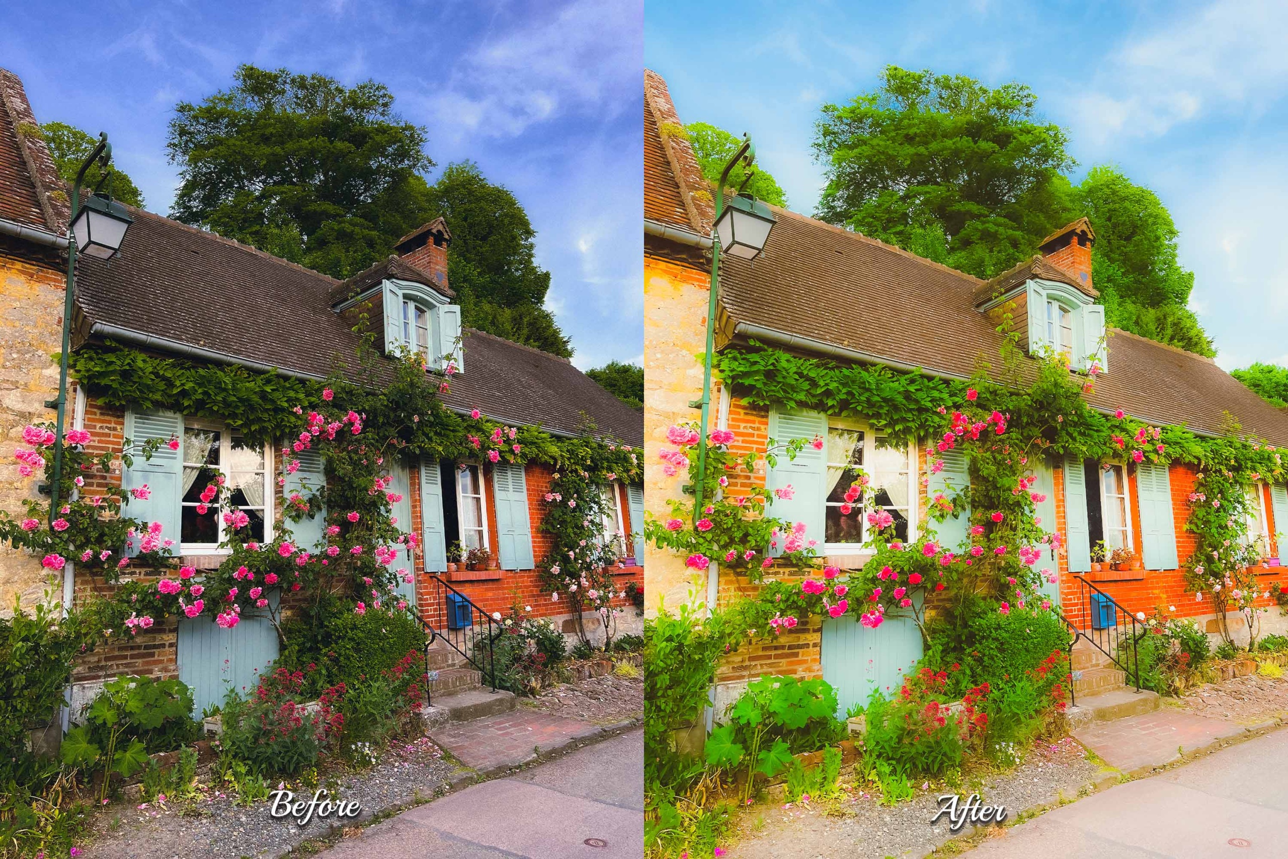 A woman smiles amidst wildflowers, edited with a dreamy, romantic preset. Capture the beauty of nature with Eden Photoshop Actions.