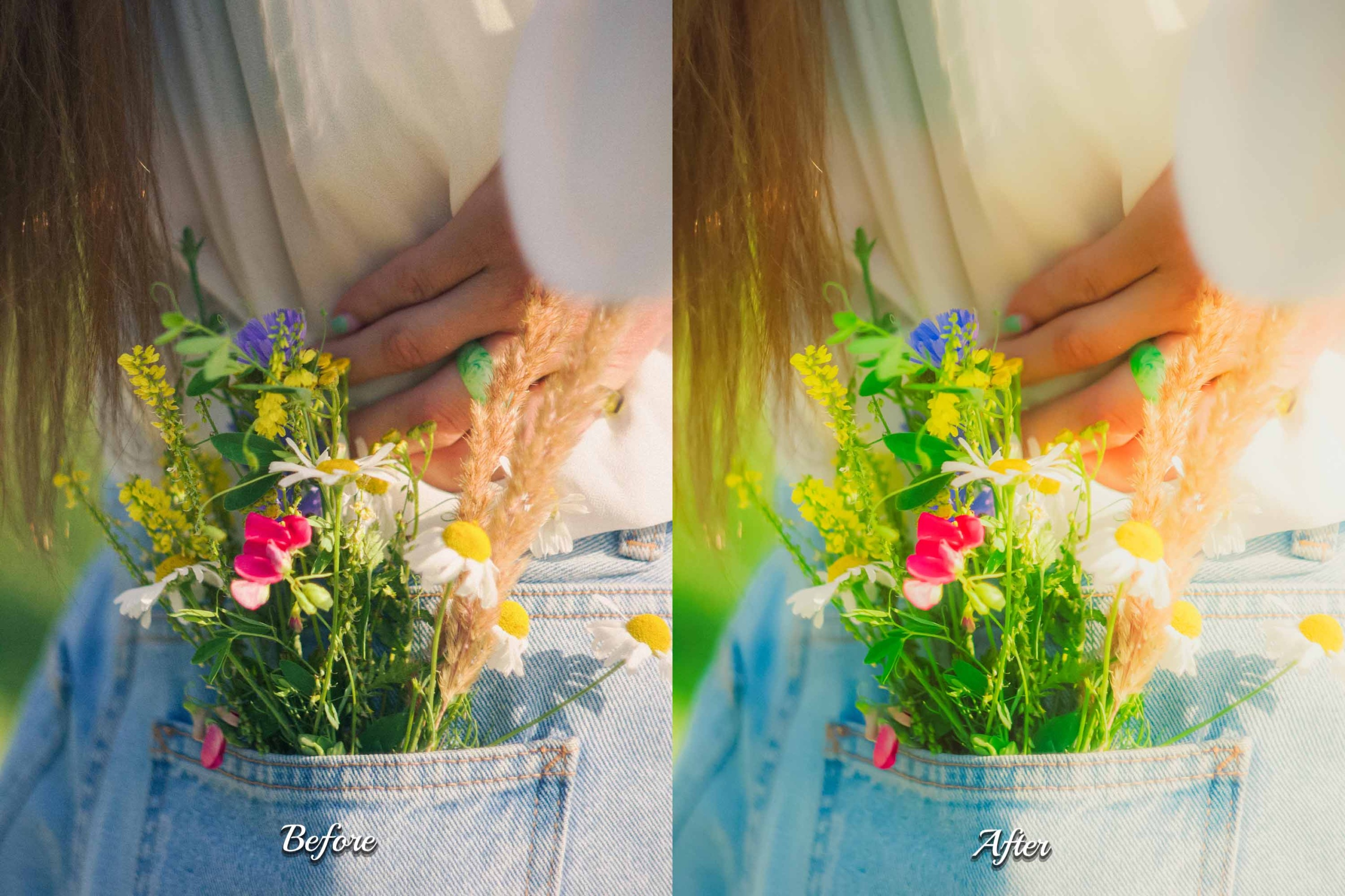 Split image showing a before and after photo edit using an Eden preset. Transform your photos with one click using Eden Lightroom Presets.