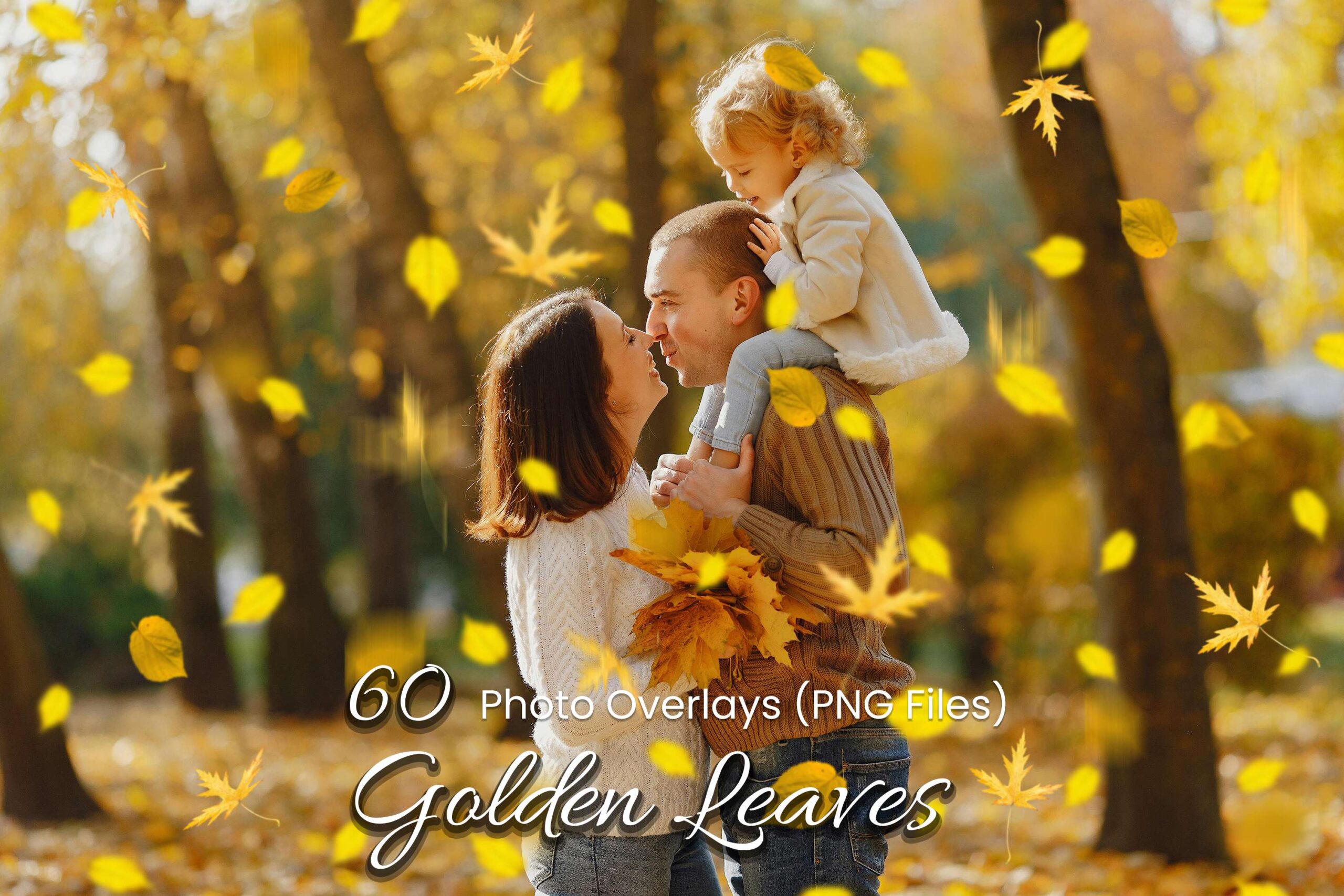 60 high-res PNG Golden Leaves Overlays for nature, outdoor portraits, family, couples, holiday, children, and autumn photography. Realistic branches, fall foliage textures, and falling leaves.