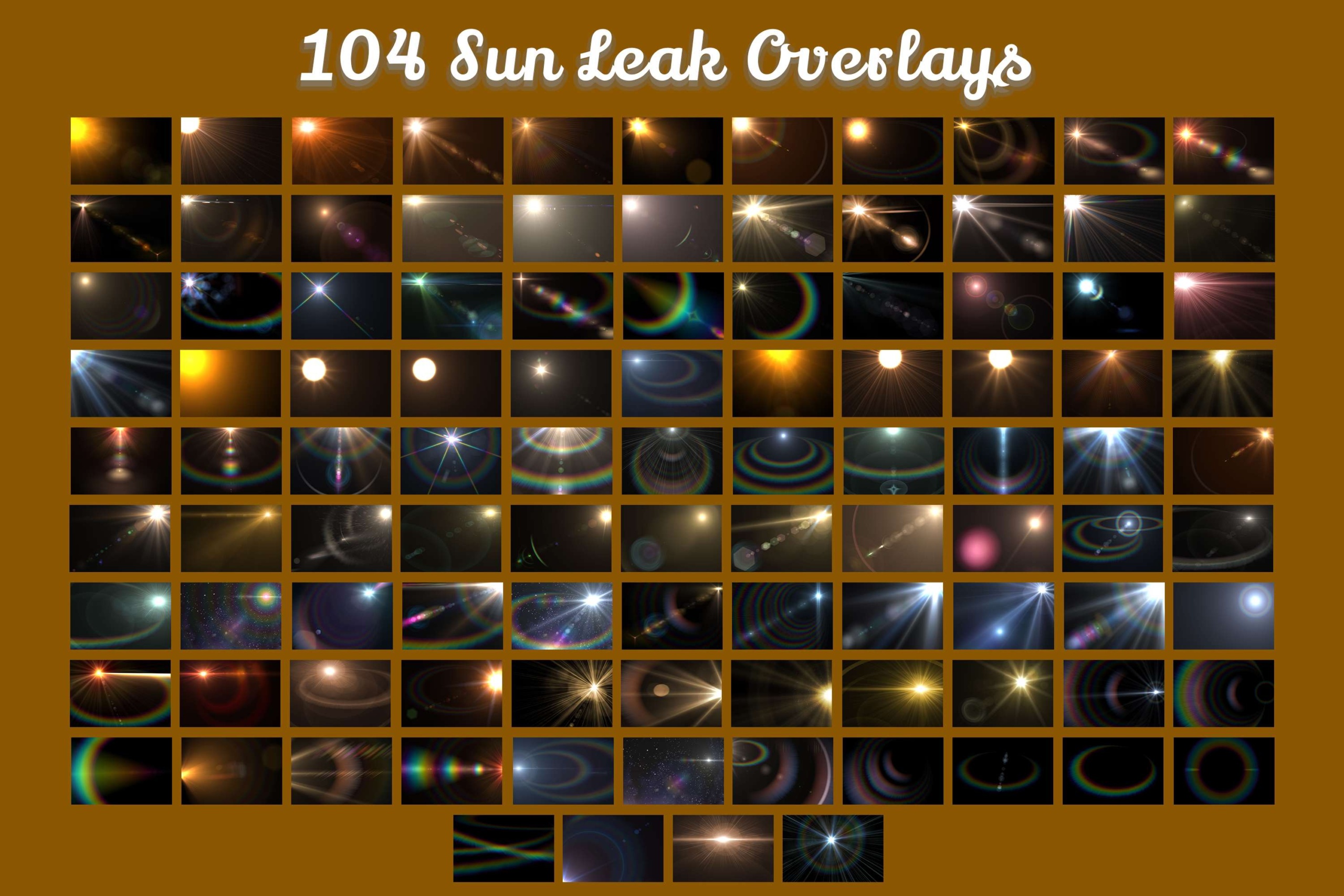 High-res JPG Sun Leak Overlays: Crystal Light, Sun Bokeh, Sun Halo Texture. Ideal for sunrise and golden hour photography.