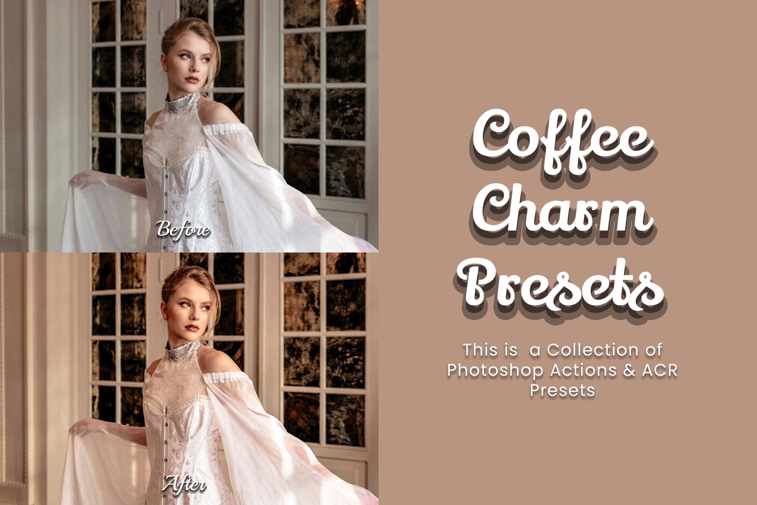 Transform photos with Coffee Charm Presets! 25 Photoshop Actions (ATN), 25 ACR Presets (XMP), and 2 PDF guides. Perfect for Street, Urban, Bloggers, Models, and Cafe Photography.