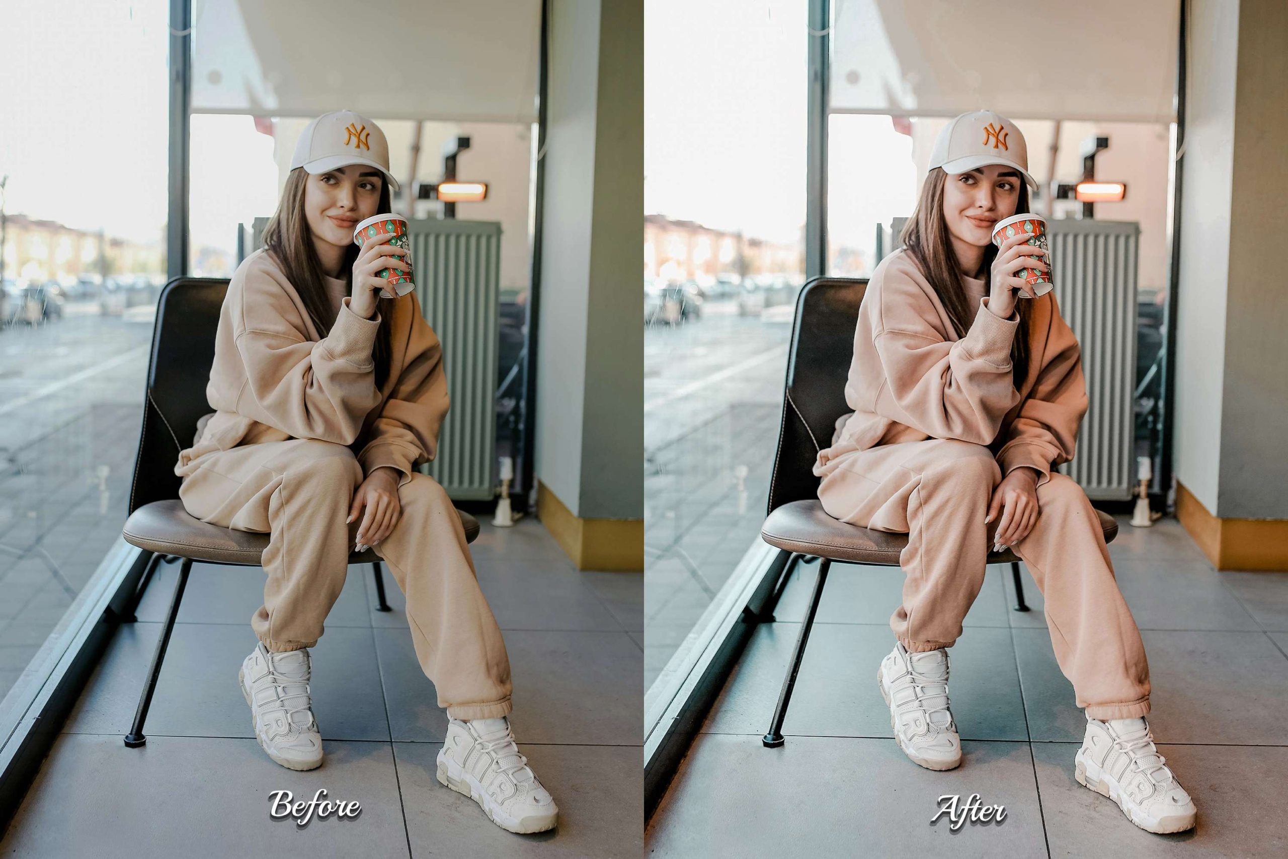 Coffee Charm Presets: 25 Photoshop Actions (ATN), 25 ACR Presets (XMP), and 2 PDF guides. Perfect for Street Style, Urban Style, Bloggers, Models, and Cafe Photography.