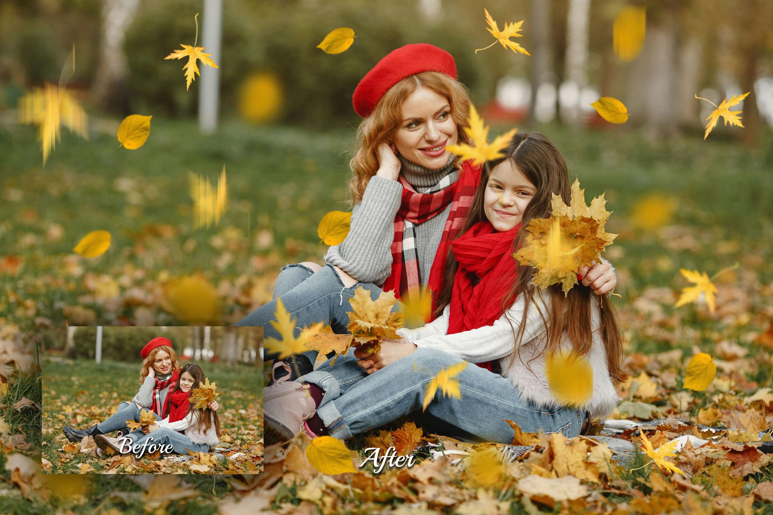 60 Golden Leaves Overlays in high-res PNGs. Perfect for adding realistic autumn branches, fall foliage textures, and colorful falling leaves to your nature and portrait photography.