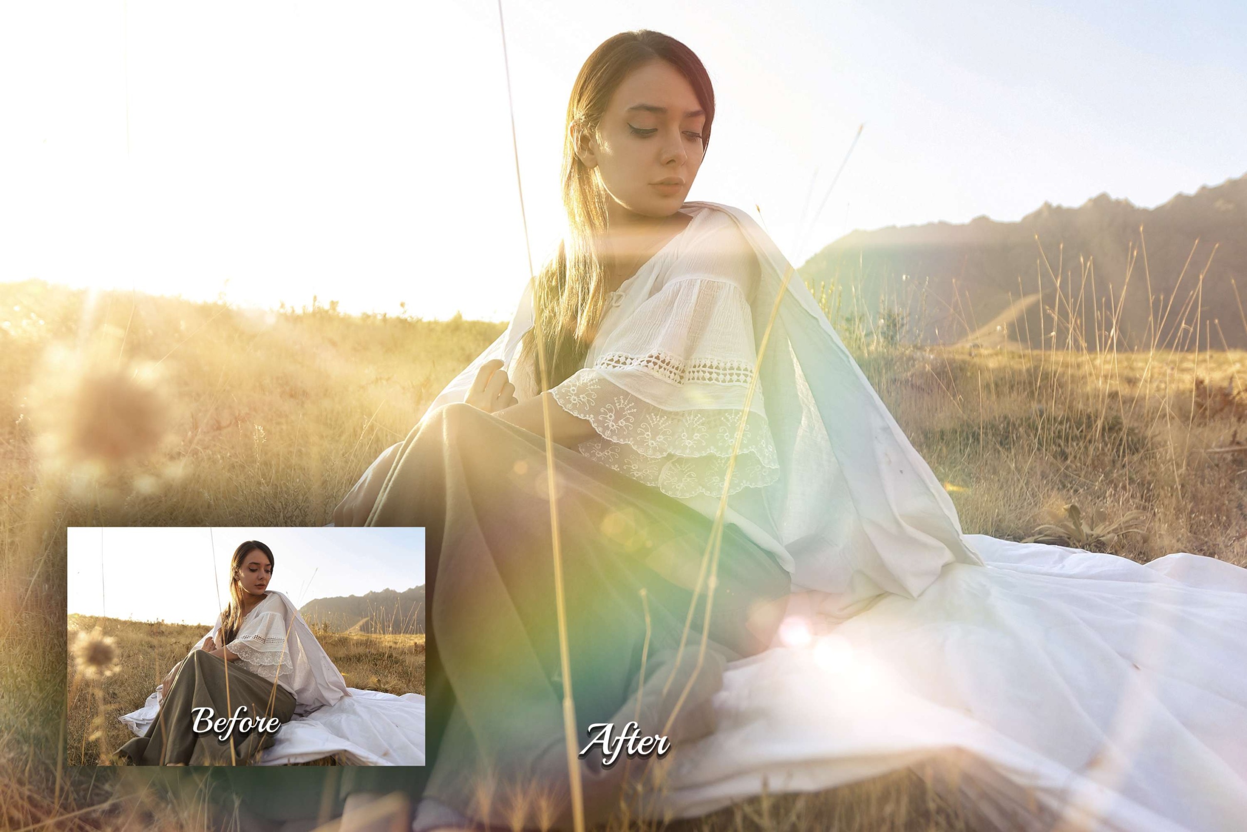 Sun Leak Overlays: Rainbow Ray, Sun Flare Backdrop, Lens Effect. Ideal for weddings, nature, and outdoor portraits.