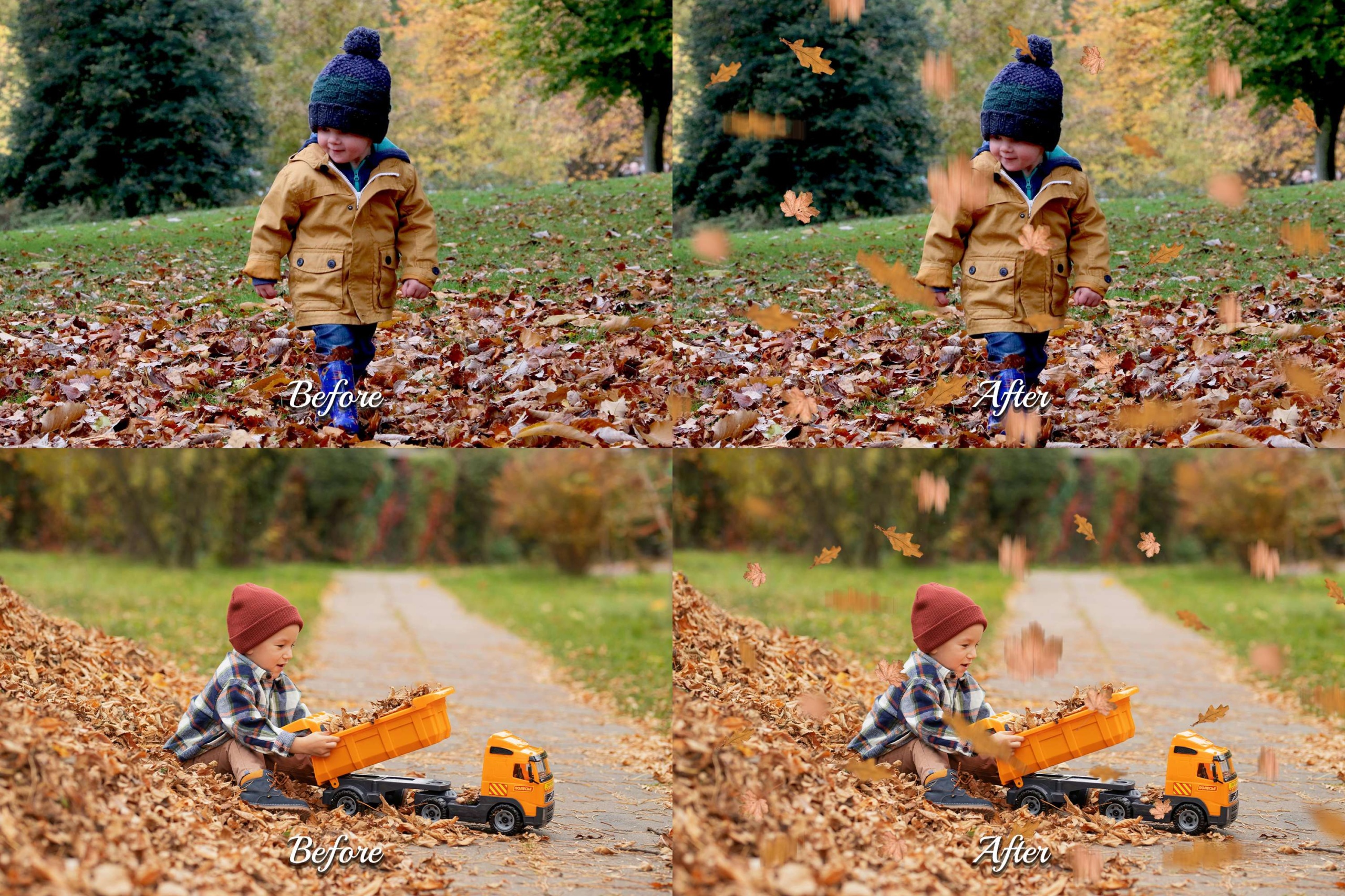 Enhance your autumn scenes with 60 Golden Leaves Overlays. High-res PNGs with realistic branches, detailed fall foliage textures, and colorful falling leaves. Ideal for outdoor and family photography.