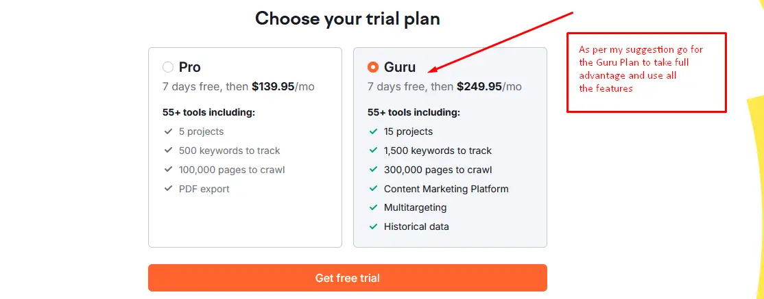 semrush free trial choose which plan you want to go for