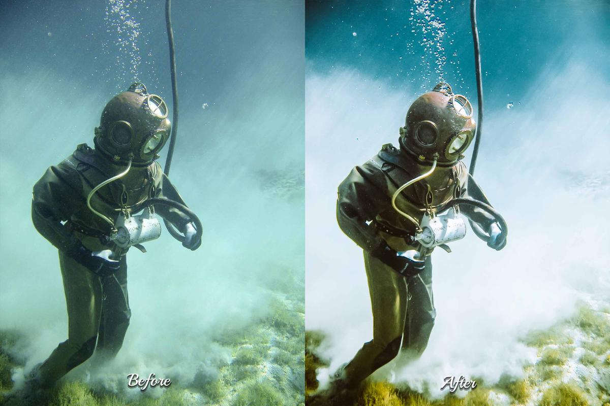Bright and airy underwater photo of a school of fish, transformed using Lightroom presets for a captivating aesthetic.