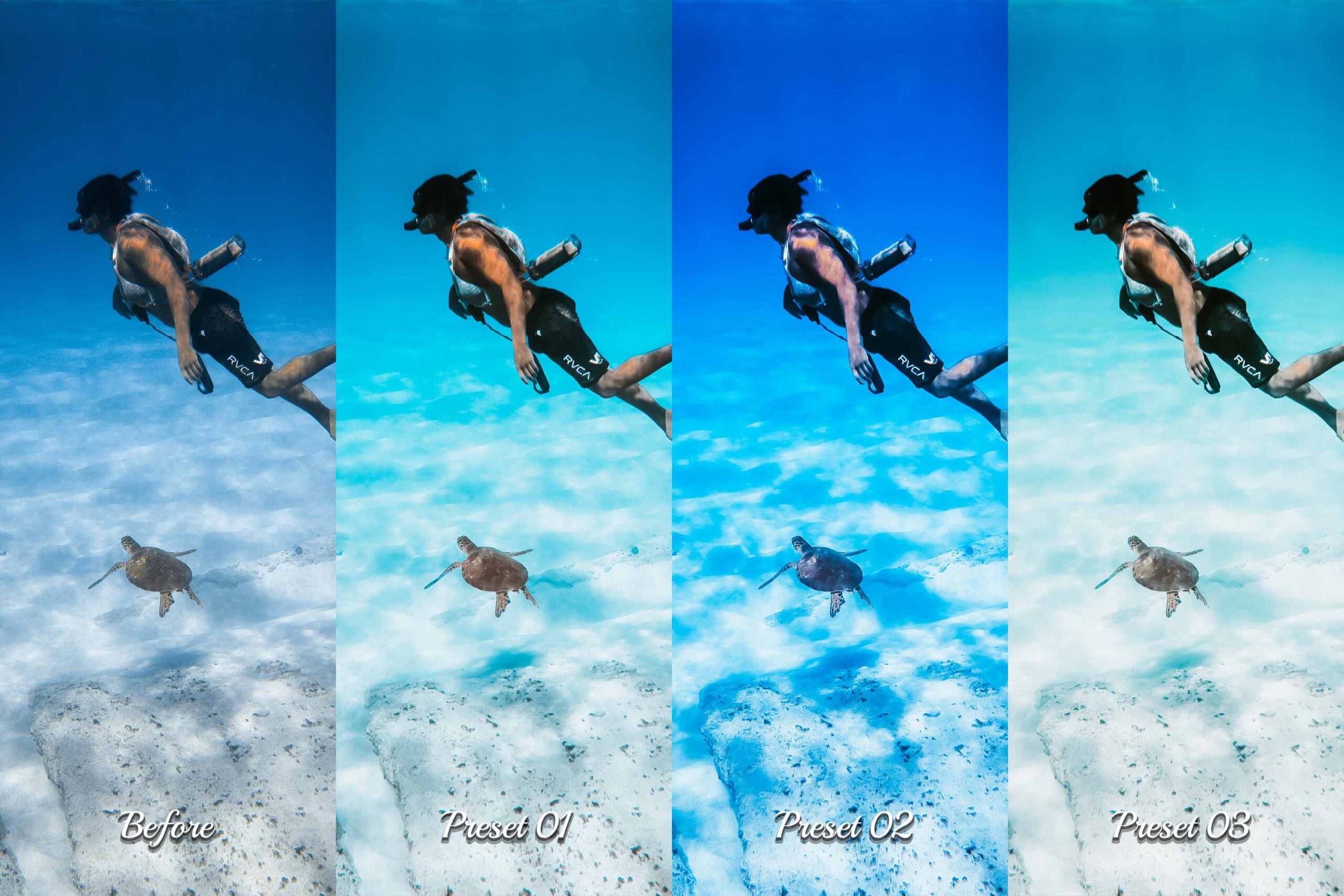 Family diving adventure captured in vivid colors, utilizing Photoshop presets to highlight the joy of underwater exploration.