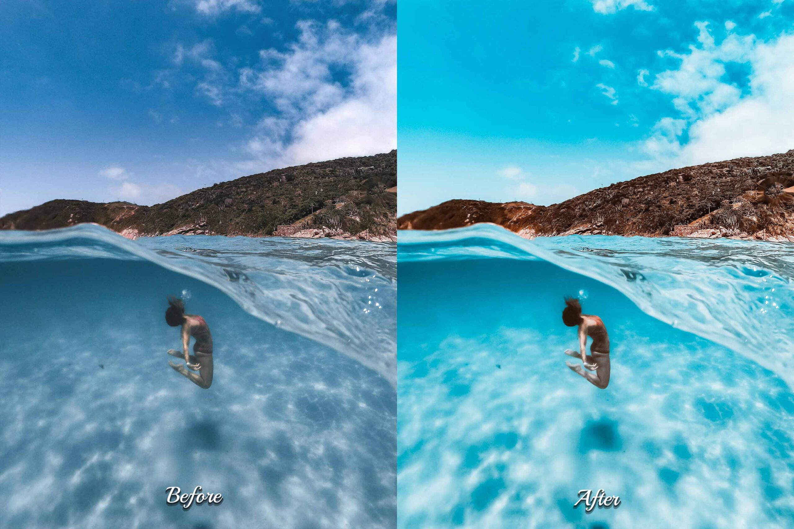 Moody underwater photo of a mysterious sea creature is enriched with Photoshop actions that emphasize deep blues and ocean vibes.