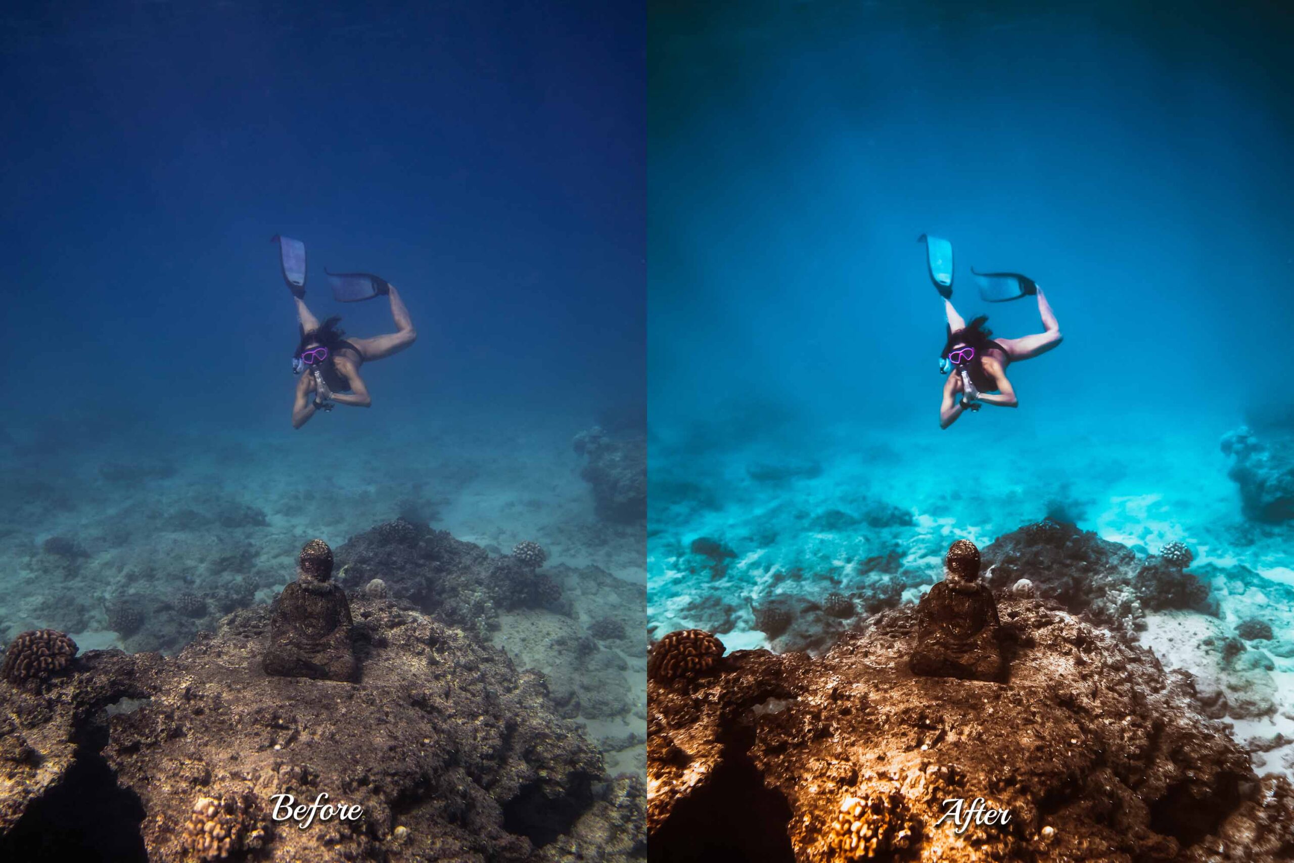 Travel influencer presenting beautiful underwater ecosystems, expertly edited with Photoshop actions for vibrant color enhancement.