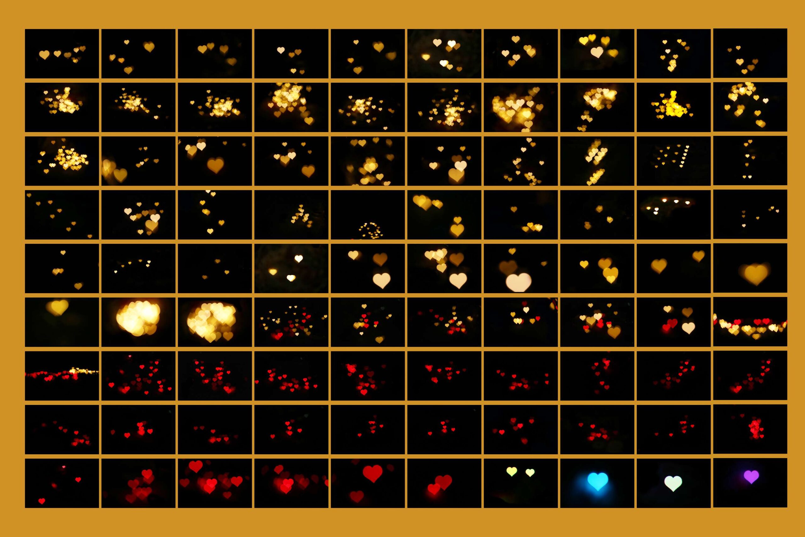 Romantic Heart Bokeh Overlays: Perfect for couples, weddings, and Valentine’s Day, with Lovely Lights and Gold Glitter effects.