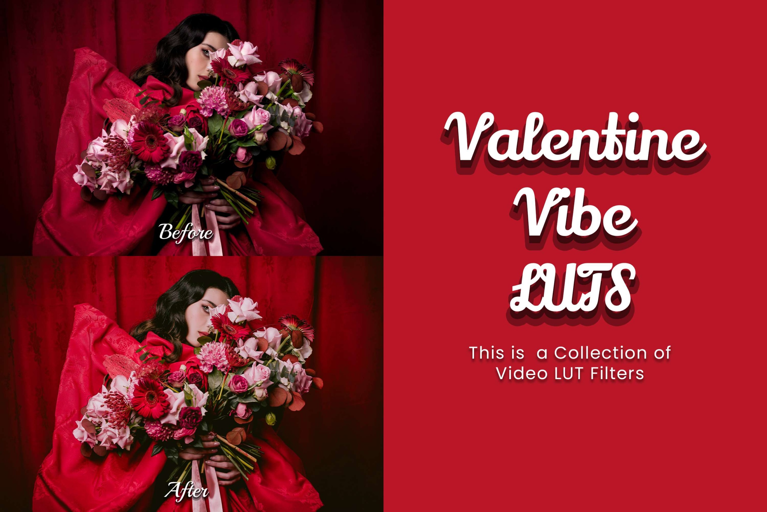 Transform wedding videos with Valentine Vibe LUTs. 30 CUBE LUTs for romantic couples footage and Valentine's visuals. Achieve red and pink tones.