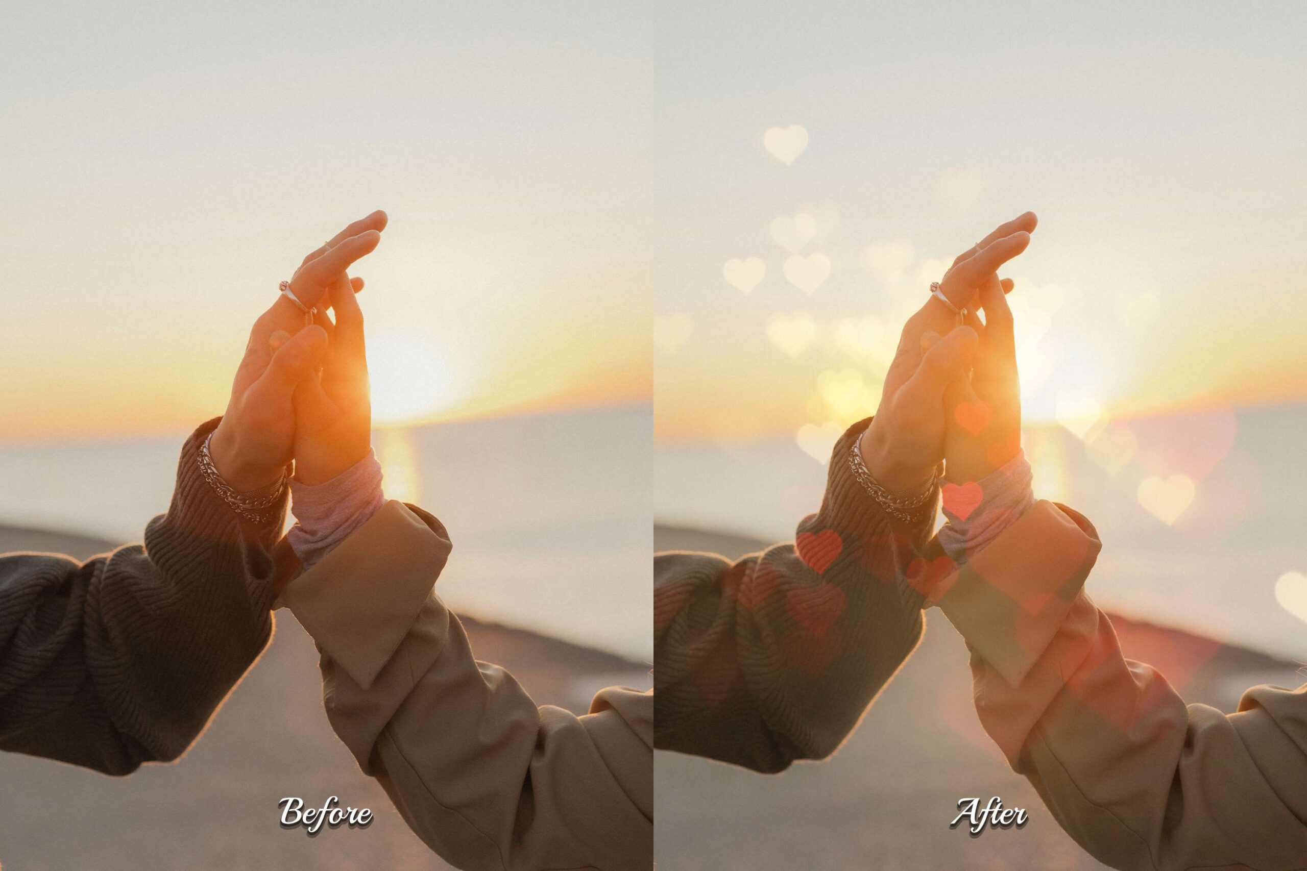 Heart Bokeh JPG Overlays: Add professional effects to portraits and weddings with Fairy Lights and Gold Glitter.