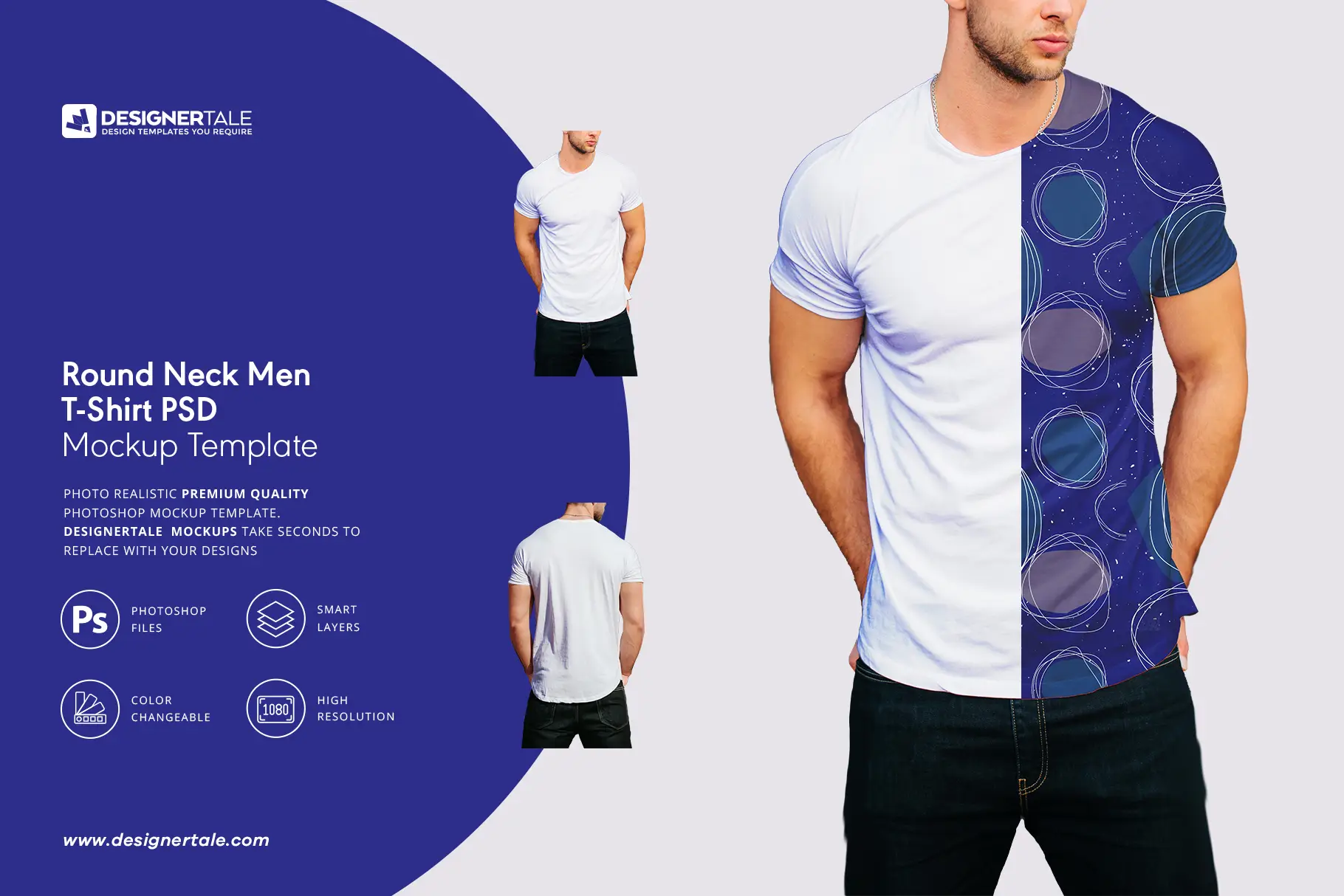 round neck men t shirt mockup Photoshop template with two different views PSD