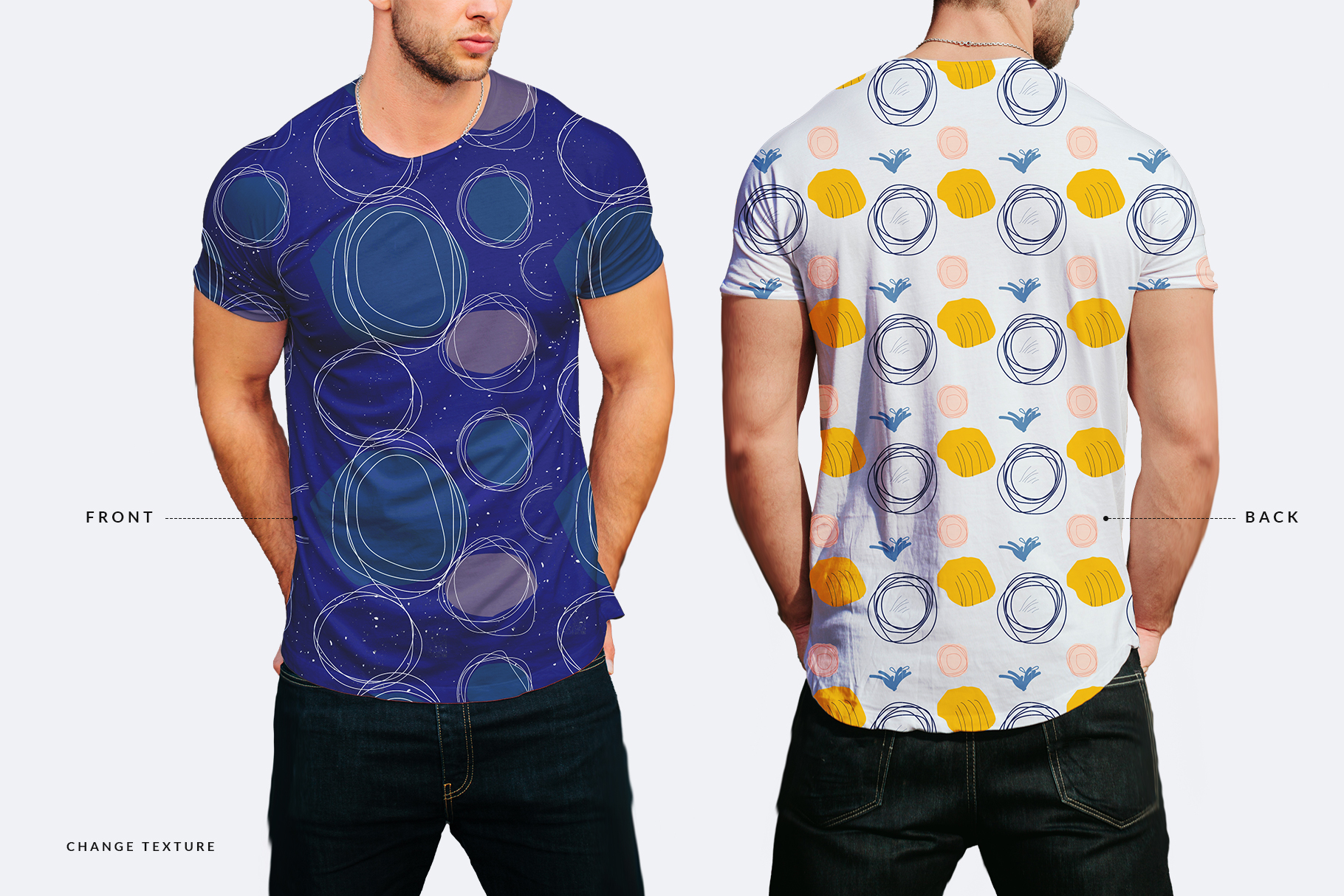 front and back view of round neck men t shirt mockup