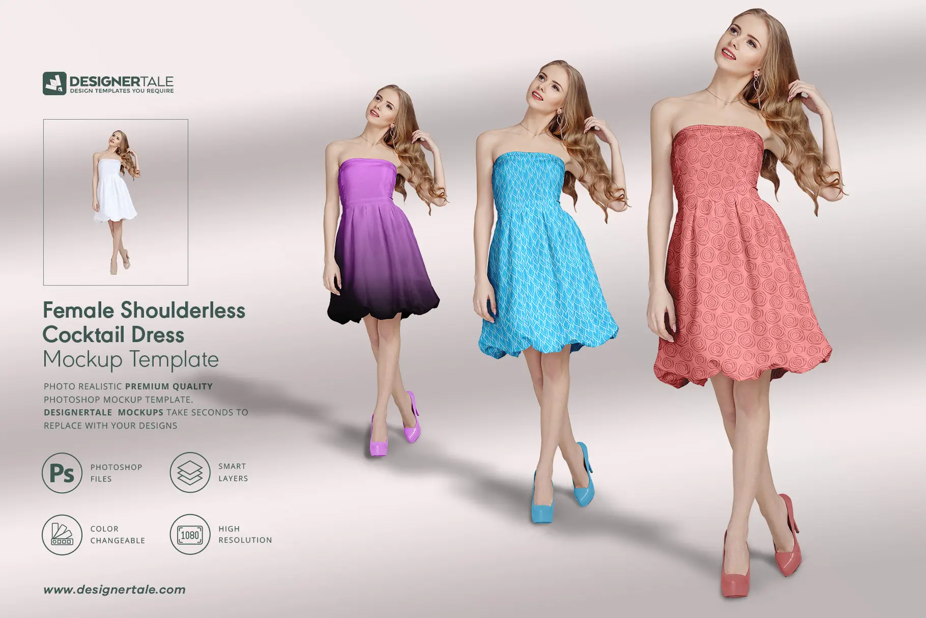 female shoulderless cocktail dress mockup