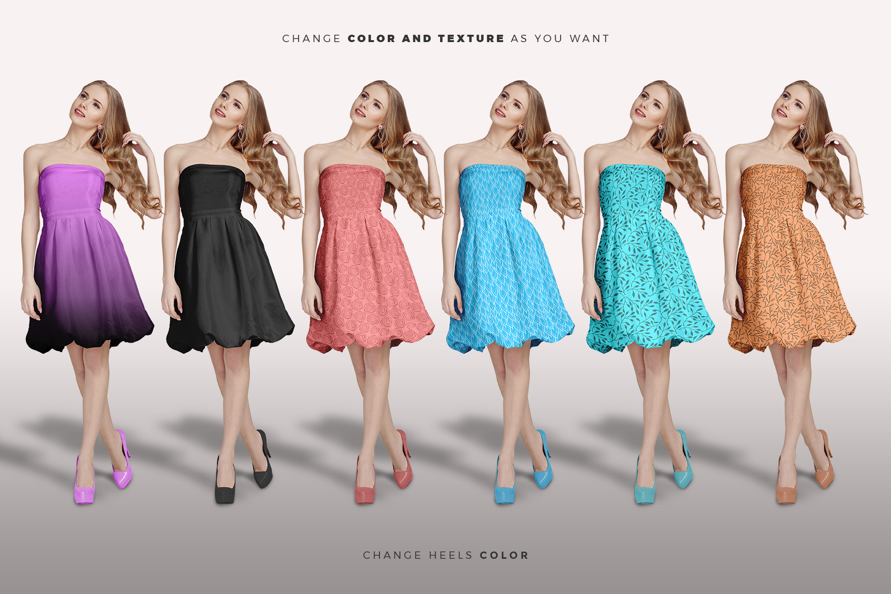 variations of the female shoulderless cocktail dress mockup