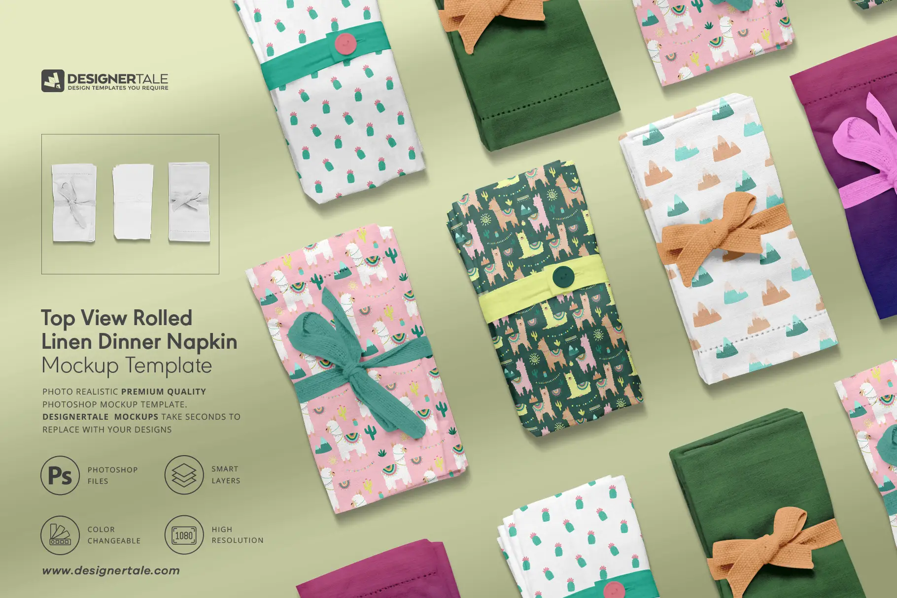 types of the top view rolled linen dinner napkin mockup