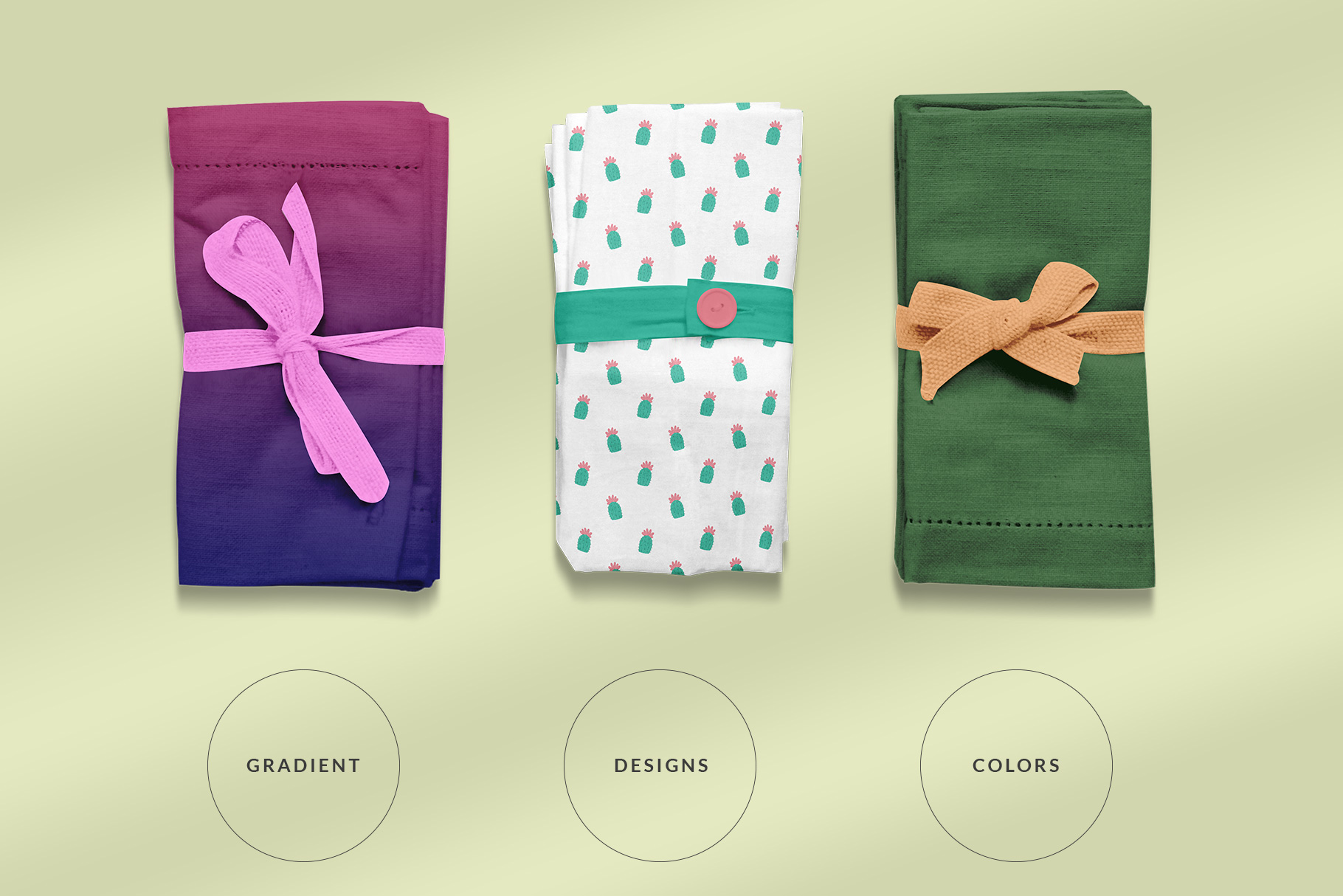 types of the top view rolled linen dinner napkin mockup