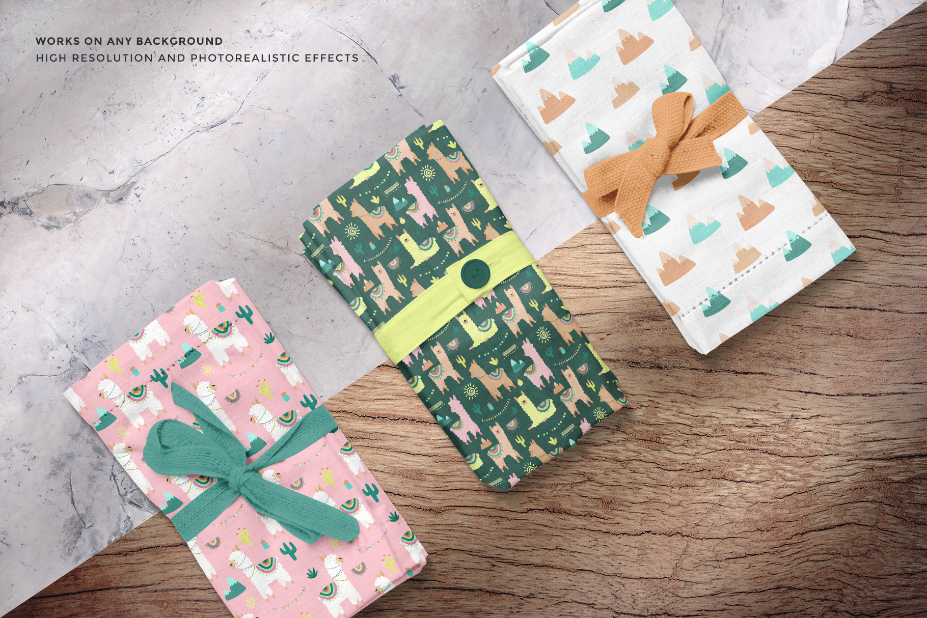 background options of the top view rolled linen dinner napkin mockup